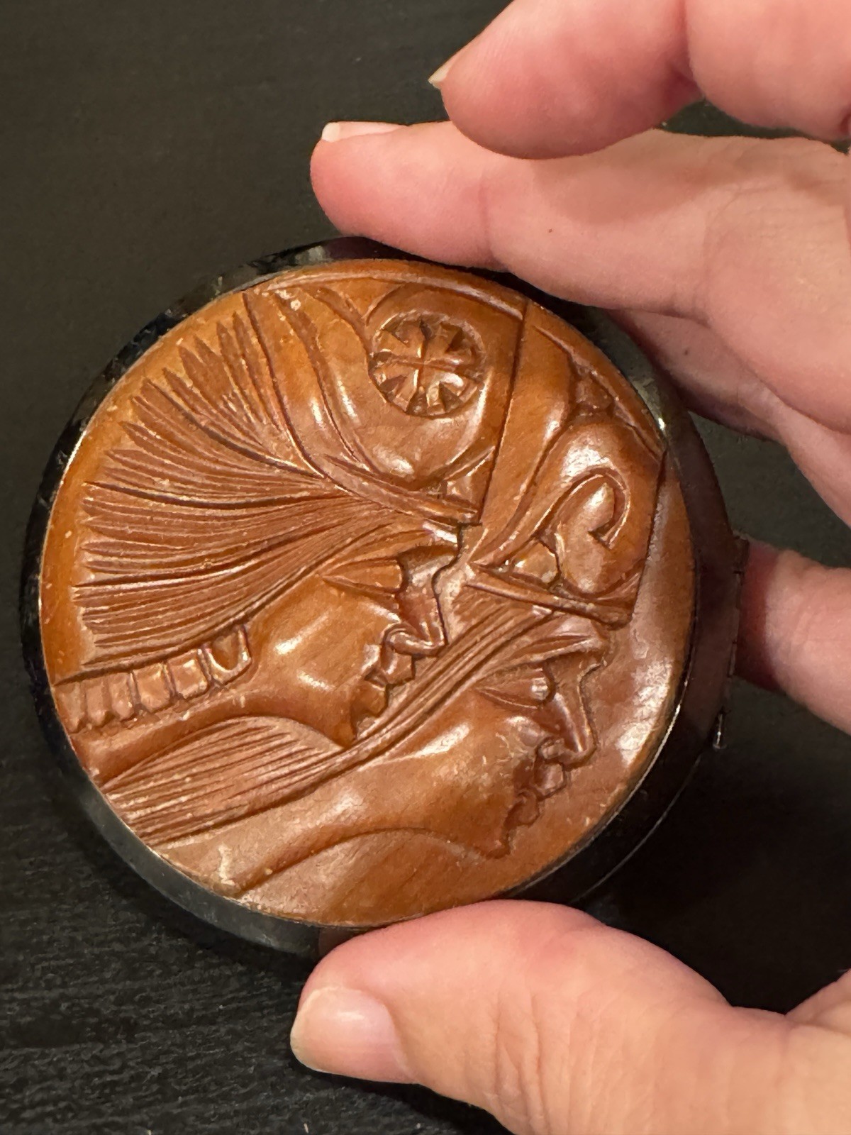 Vintage hand-carved Wood Make Up compact pocket mirror, Japan Mid century Vintage hand-carved Wood Make Up compact pocket mirror, Japan Mid century
