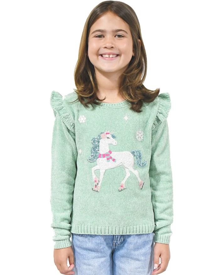 ZUNIE Girls Sz Medium (7/8) Embellished Sequined Unicorn Green Soft Sweater NEW
