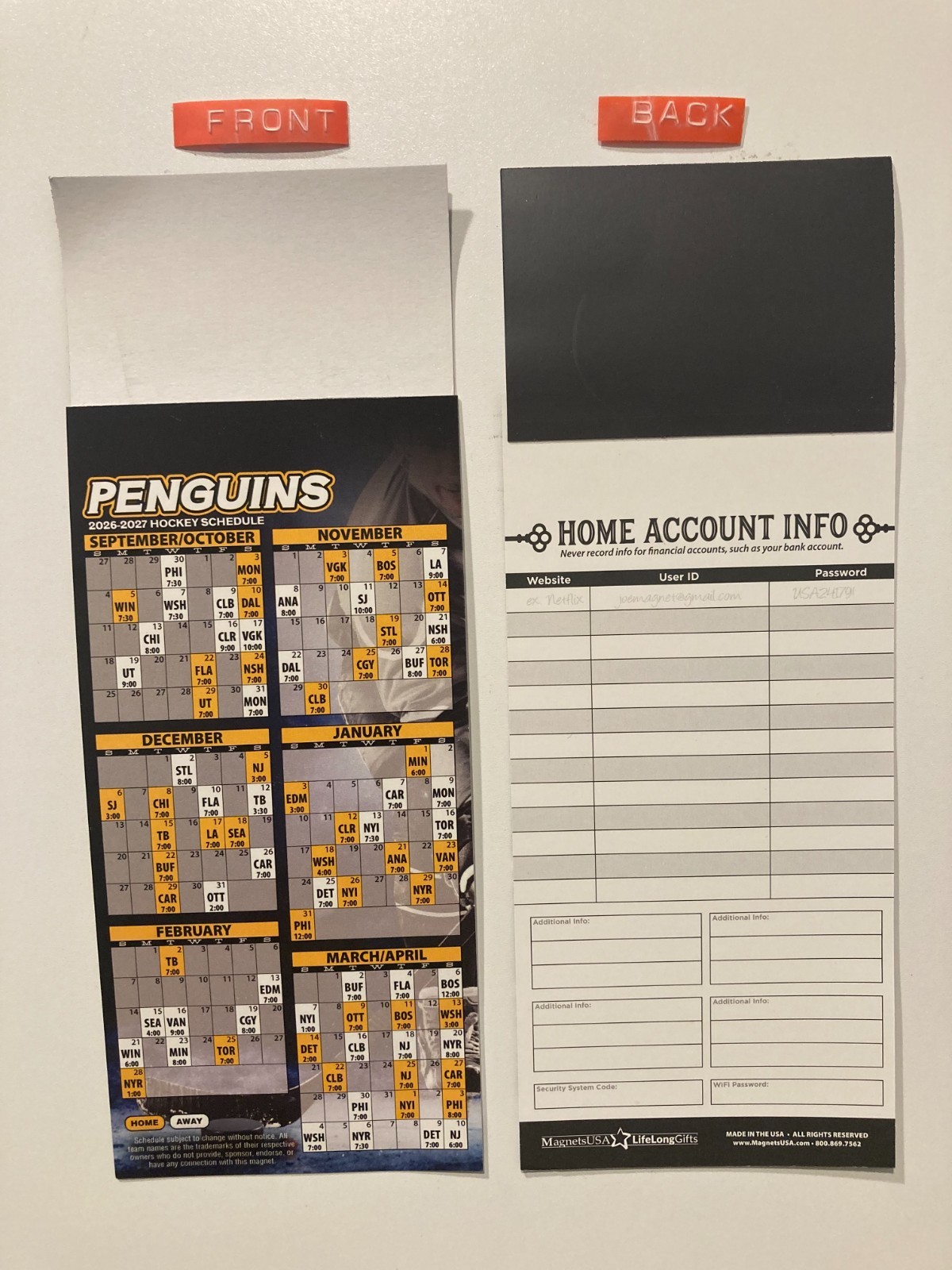 NHL 2026-27 PITTSBURGH PENGUINS PARTIAL MAGNET SCHEDULE TEAMS, DATES & TIMES-NEW
