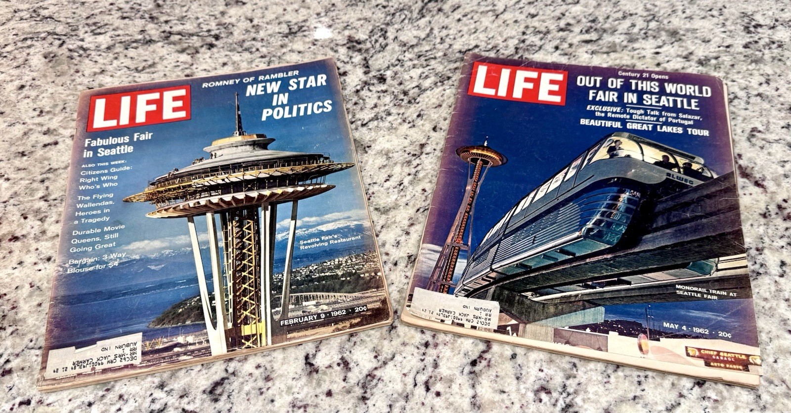 2 Vintage 1962 LIFE Magazines Seattle Worlds Fair Space Needle Monorail Complete