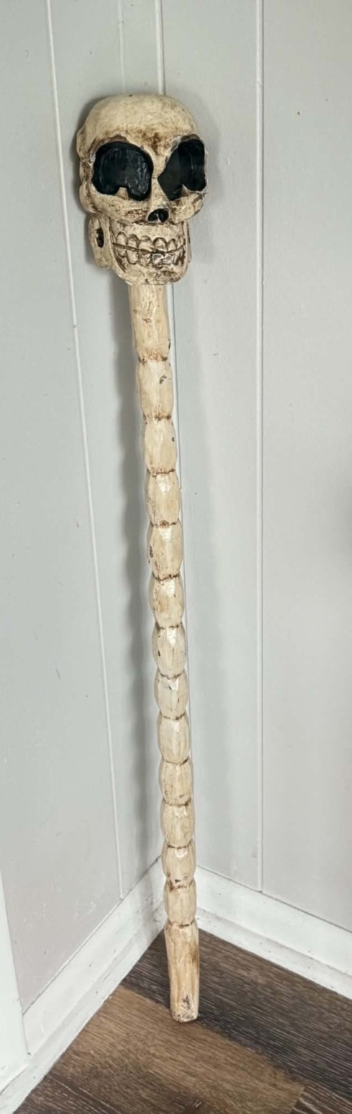 Vintage Hand Carved Wood Skull Staff Walking Stick Folk Art Memento Mori 41.5