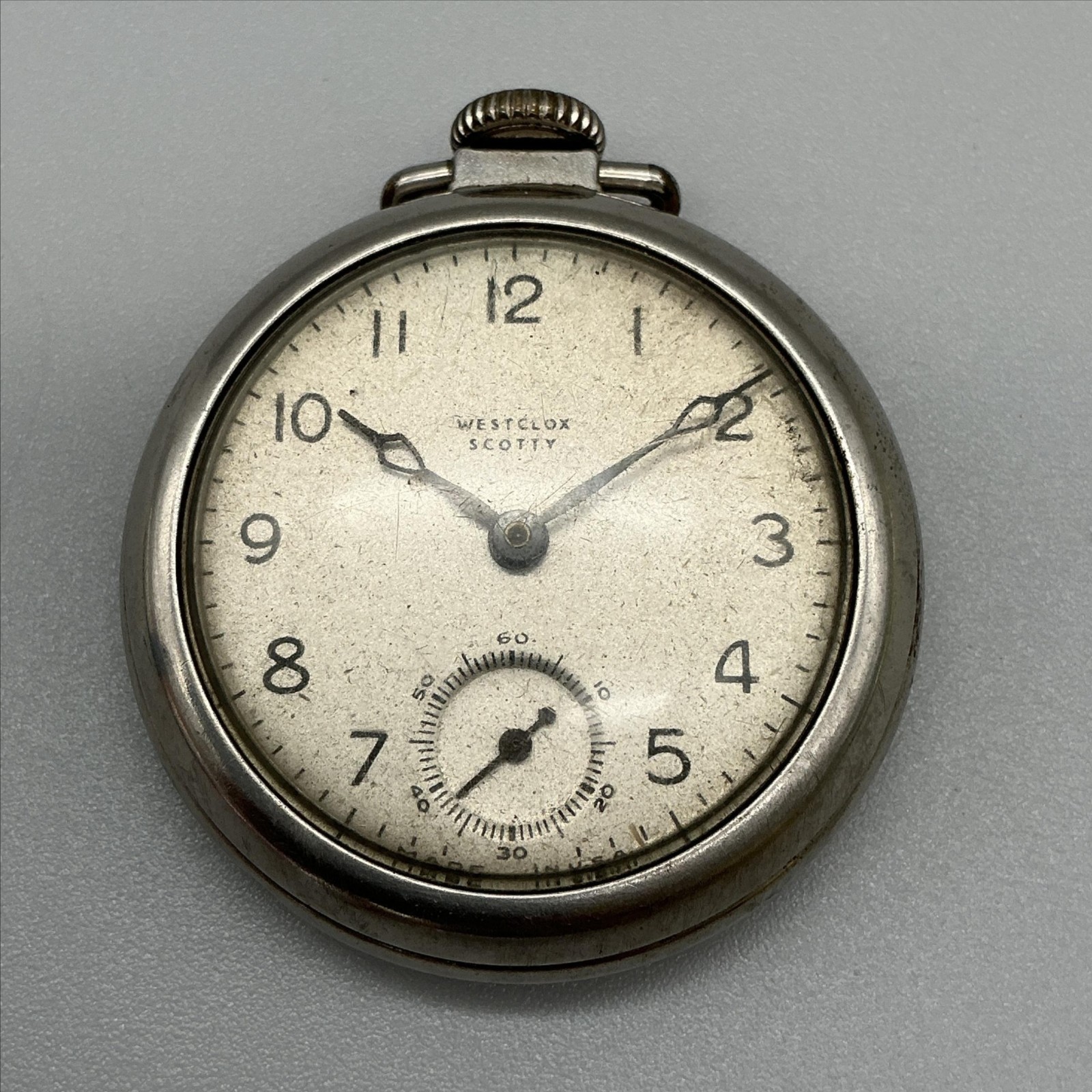 Vintage Westclox Scotty Pocket Watch Men 50mm Silver Tone White Dial Manual Wind
