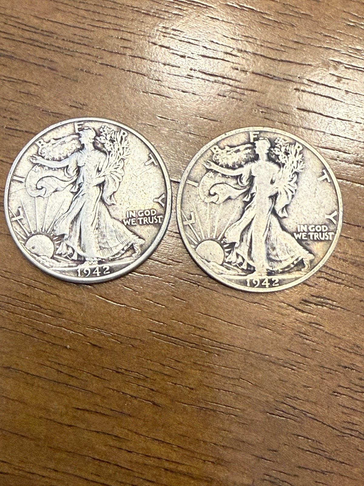 2 Walking Liberty Half Dollars 1942-S and 1942 50C Coins 90% Silver 