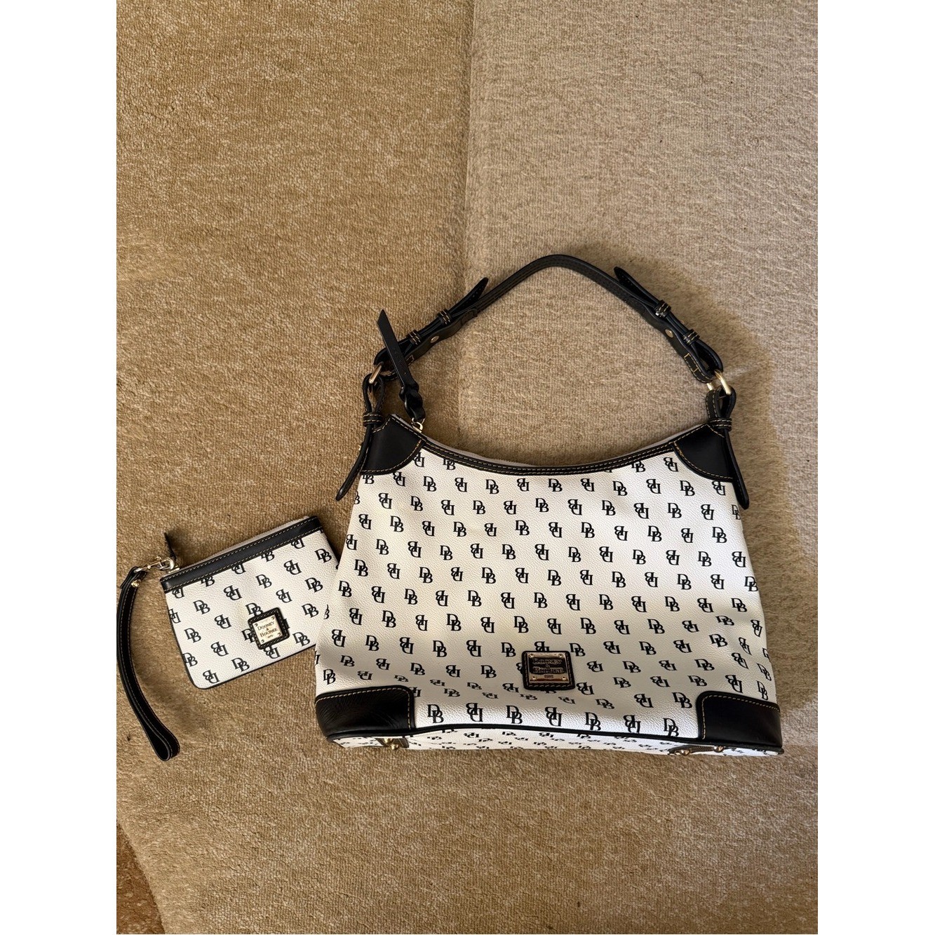 Dooney & Bourke Gretta Hobo Shoulder Bag white black monogram with wristlet