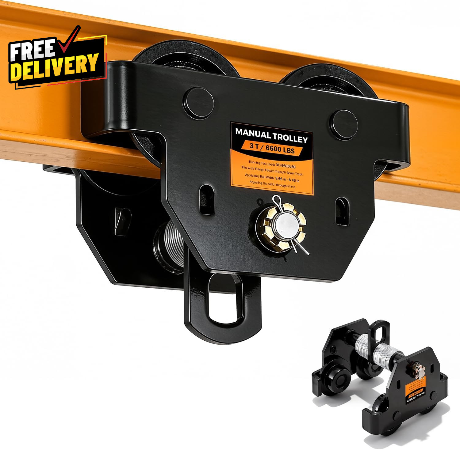 I Beam Trolley 3 Ton Manual Adjustable for I-Beam Flange Width 3.66 - 8.46\