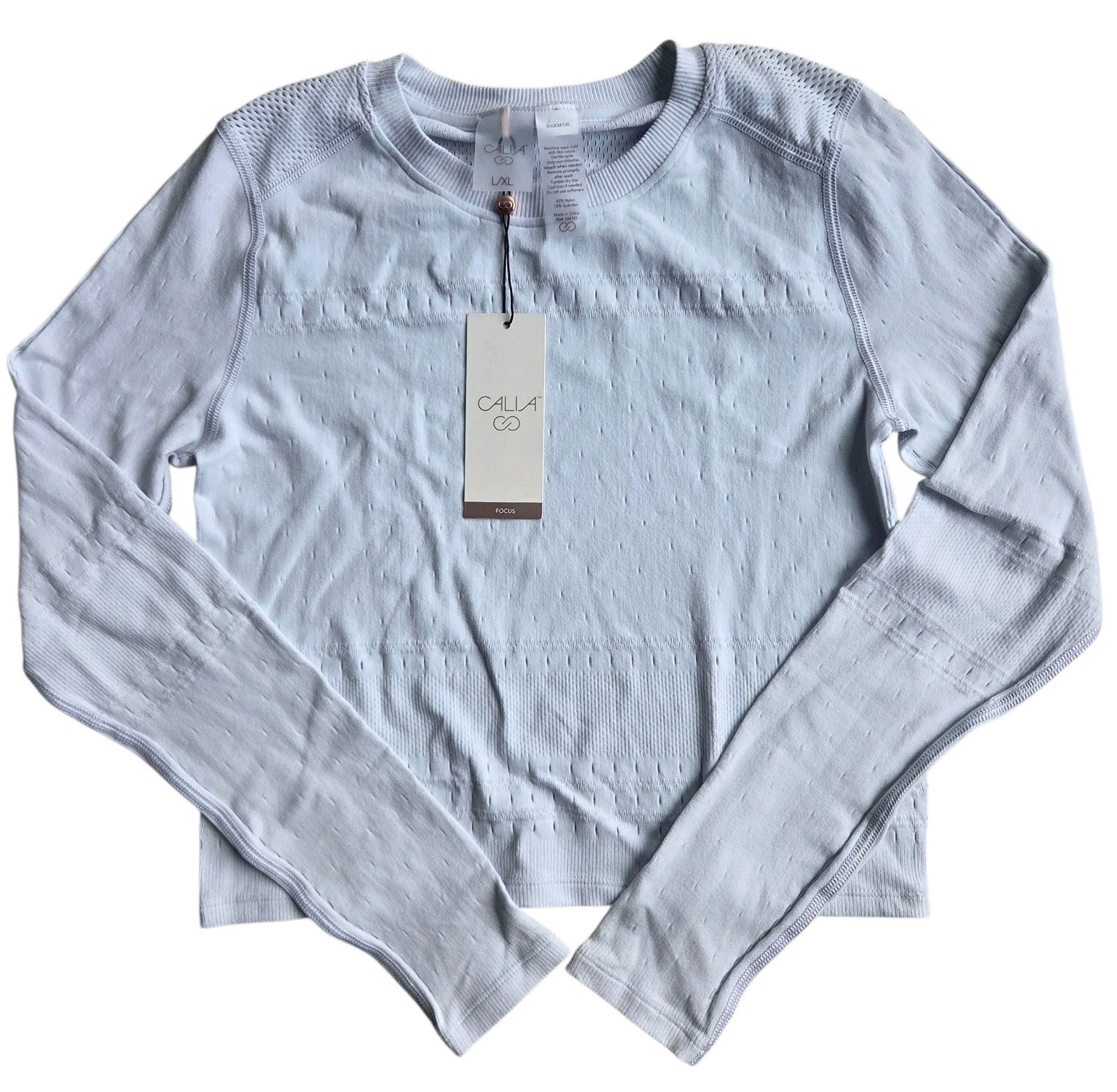 CALIA Women\'s Pointelle Seamless Long Sleeve Cropped Shirt - L/XL Light Blue NWT CALIA Women\'s Pointelle Seamless Long Sleeve Cropped Shirt - L/XL Light Blue NWT