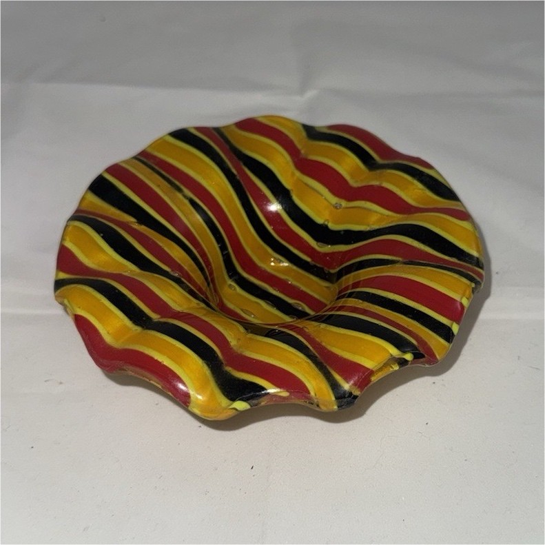 Red, yellow, and black vintage Murano-style hand-blown art glass ruffle dish
