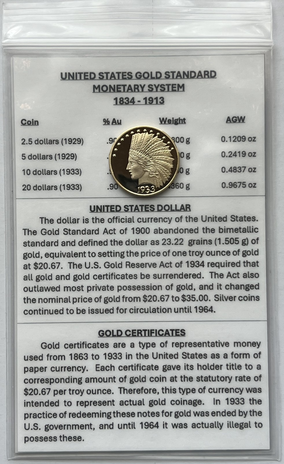 1933 United States $10 Liberty Head gold-plated Eagle Coin REPLICA - C
