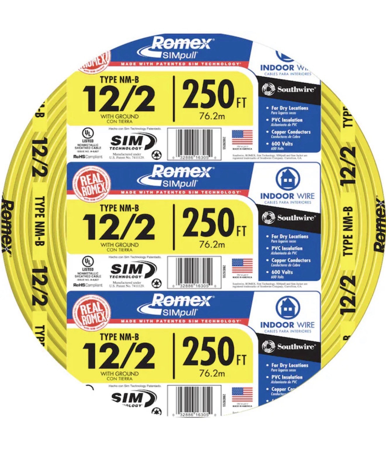 250 ft. 12/2 Solid Romex SIMpull CU NM-B W/G Wire, 