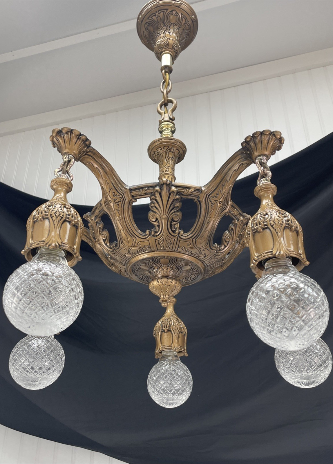 RESTORED Antique Vtg Art Deco Chandelier Ornate Hollywood Regency 5 Arm Gold