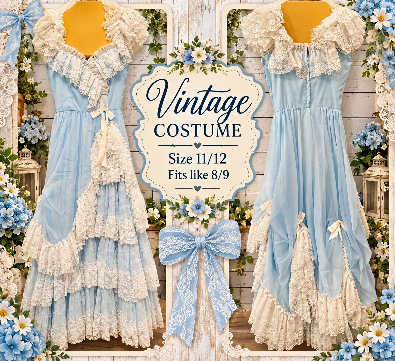 Loralie’s Vintage Blue & White Lace Dress Ruffled Layered Show Costume 11/12 Loralie’s Vintage Blue & White Lace Dress Ruffled Layered Show Costume 11/12