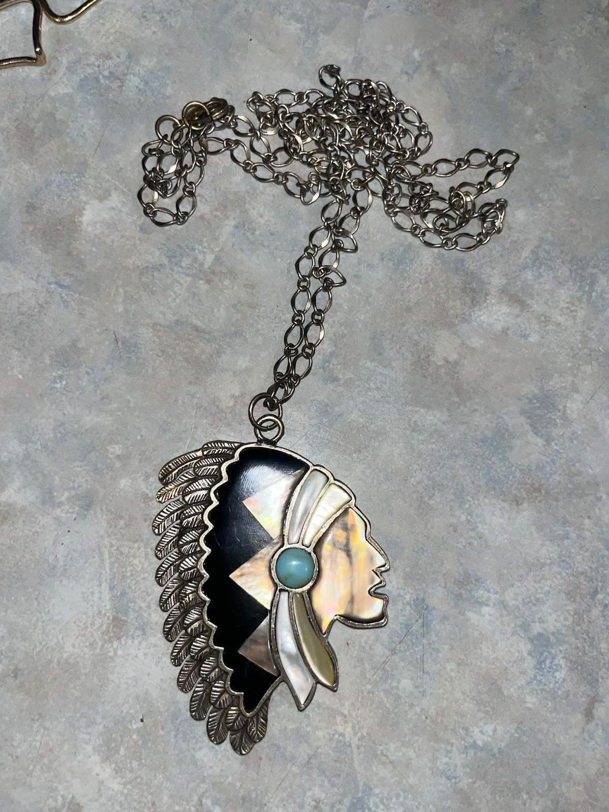 Silver Tone Oval Link Necklace Native American Head Turquoise Pendant