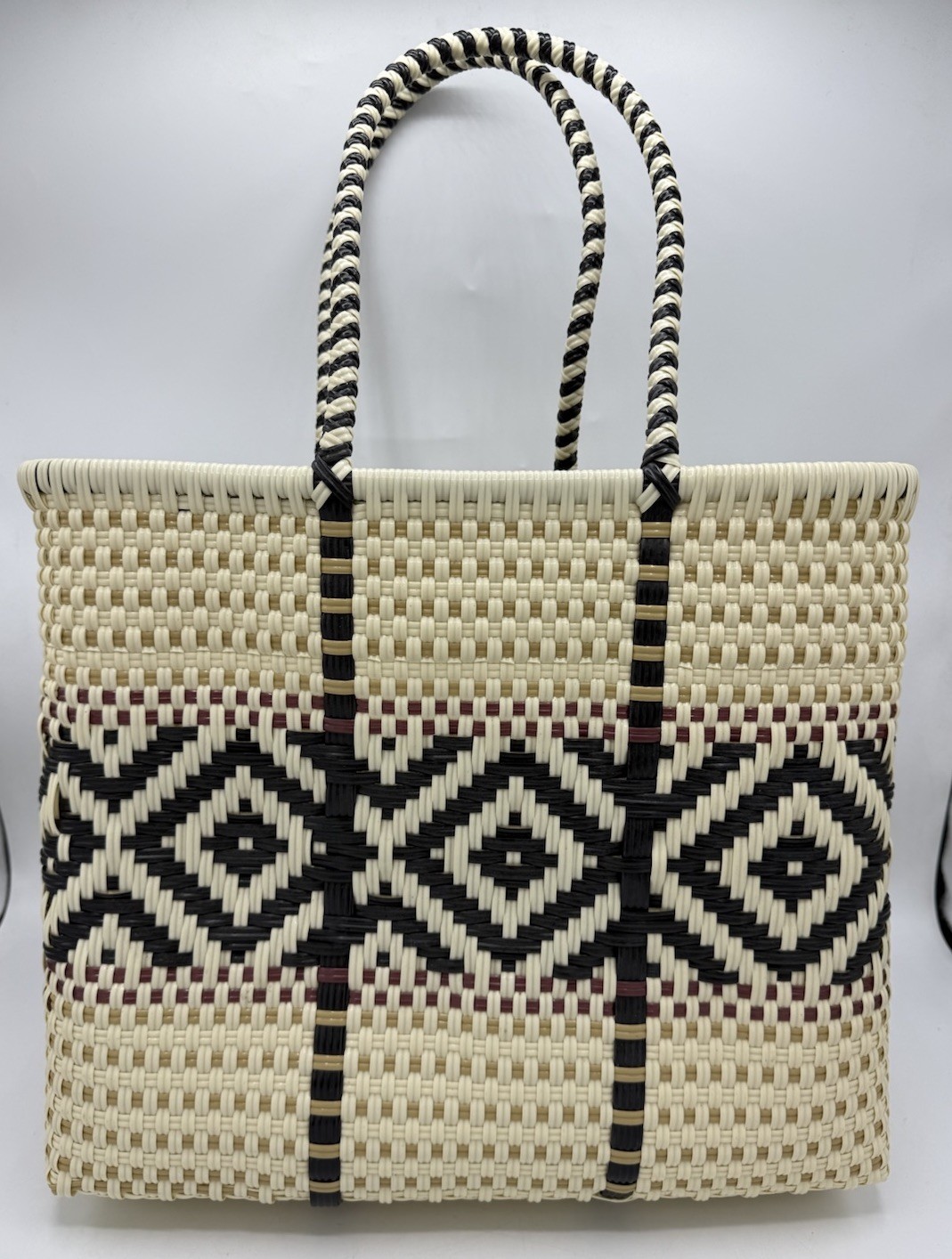 Handwoven Artisan Mexican Cream, Black Tote Bag NEW Bolsa 12”x14”x6” Handwoven Artisan Mexican Cream, Black Tote Bag NEW Bolsa 12”x14”x6”