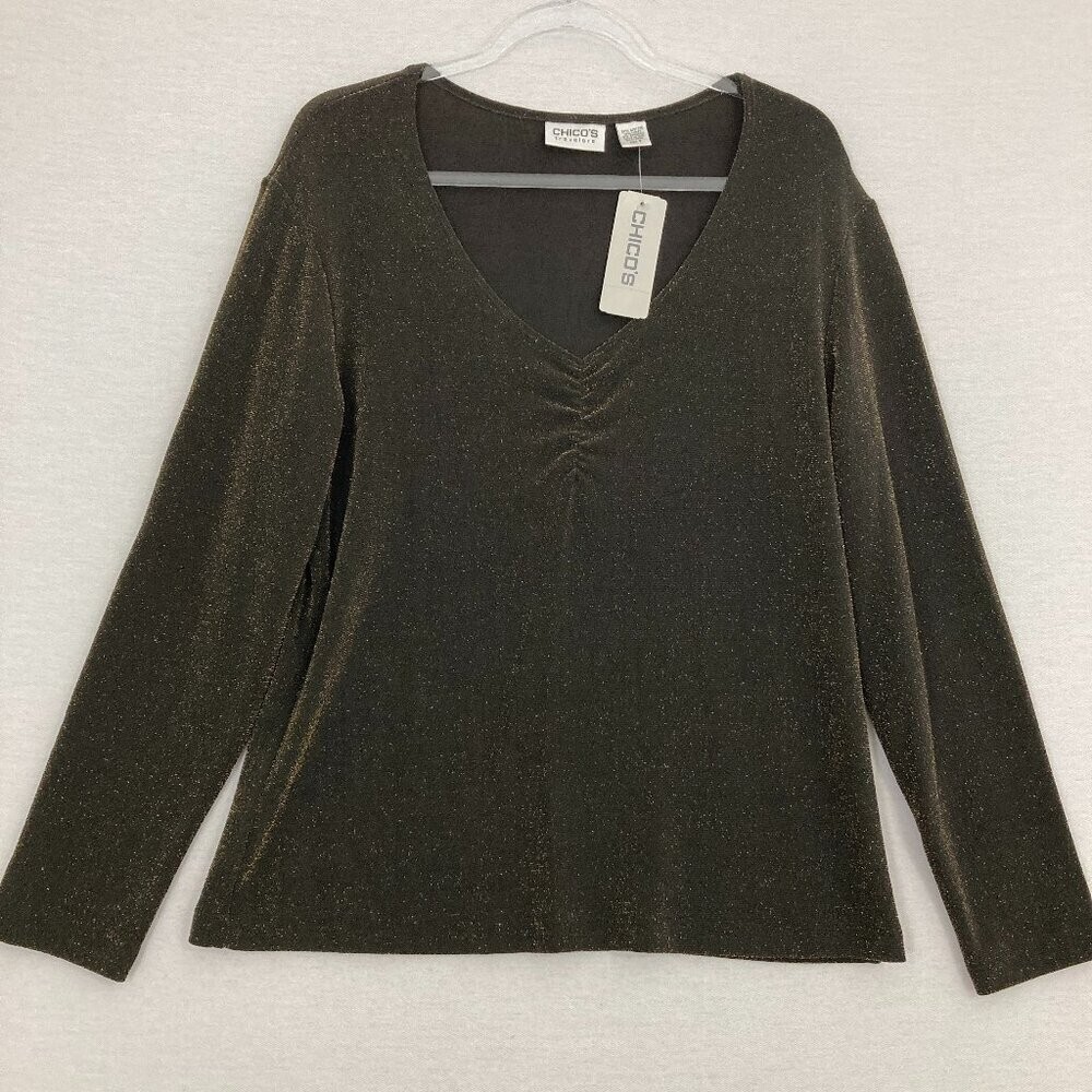 New Chico\'s Travelers Ruched Detail V Neck Slinky Knit Metallic Top size Large/2 New Chico\'s Travelers Ruched Detail V Neck Slinky Knit Metallic Top size Large/2