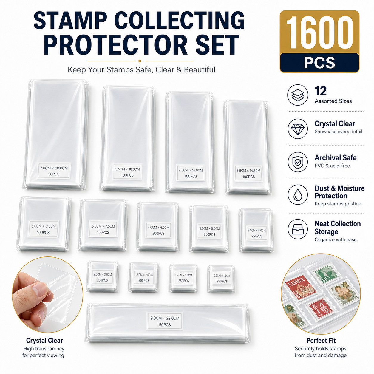 1600Pcs Stamp Collecting Bags 16 Assortment OPP Clear Holders for Album Storage