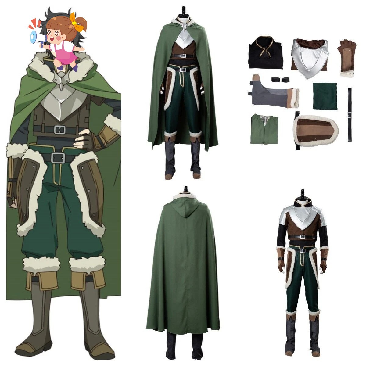 Naofumi Iwatani Cosplay Costume Shield hero Naofumi Green uniform Cape fullset Naofumi Iwatani Cosplay Costume Shield hero Naofumi Green uniform Cape fullset