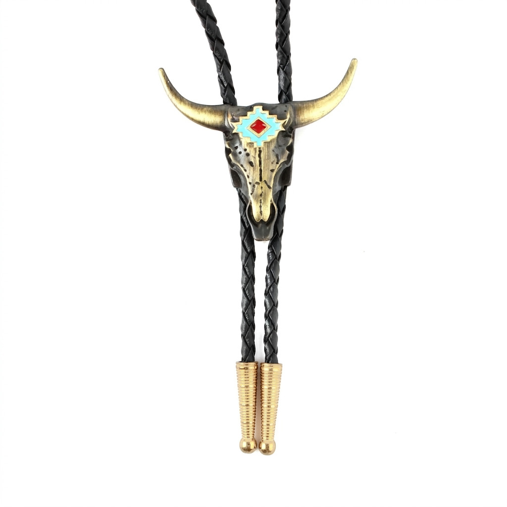 Brass Western Longhorn Skull Bolo Tie Turquoise Enamel 36 inch Cord Made in USA Brass Western Longhorn Skull Bolo Tie Turquoise Enamel 36 inch Cord Made in USA