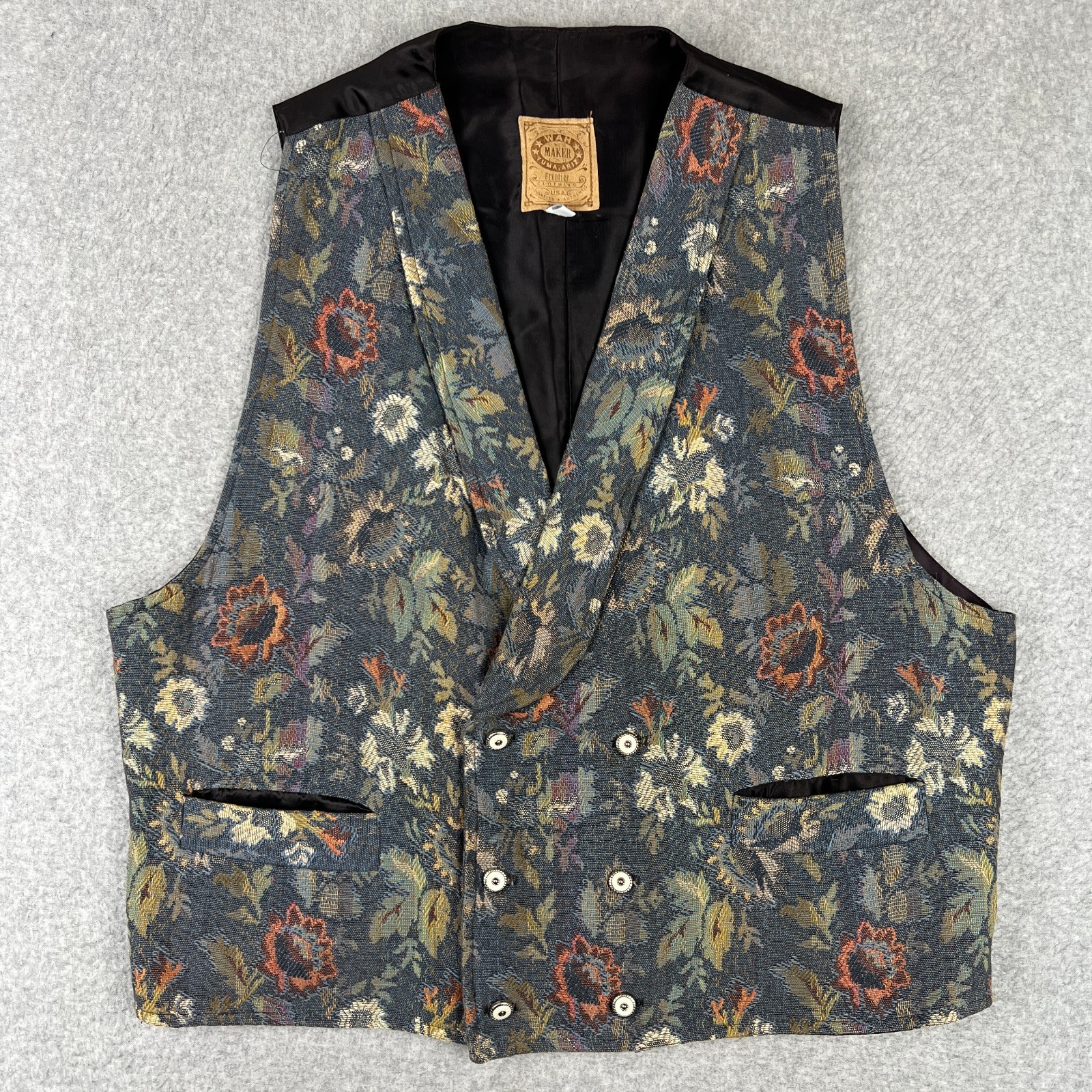 Wah Maker Frontier Western Vest Waistcoat Gambler Casino Large Mens Floral Leaf