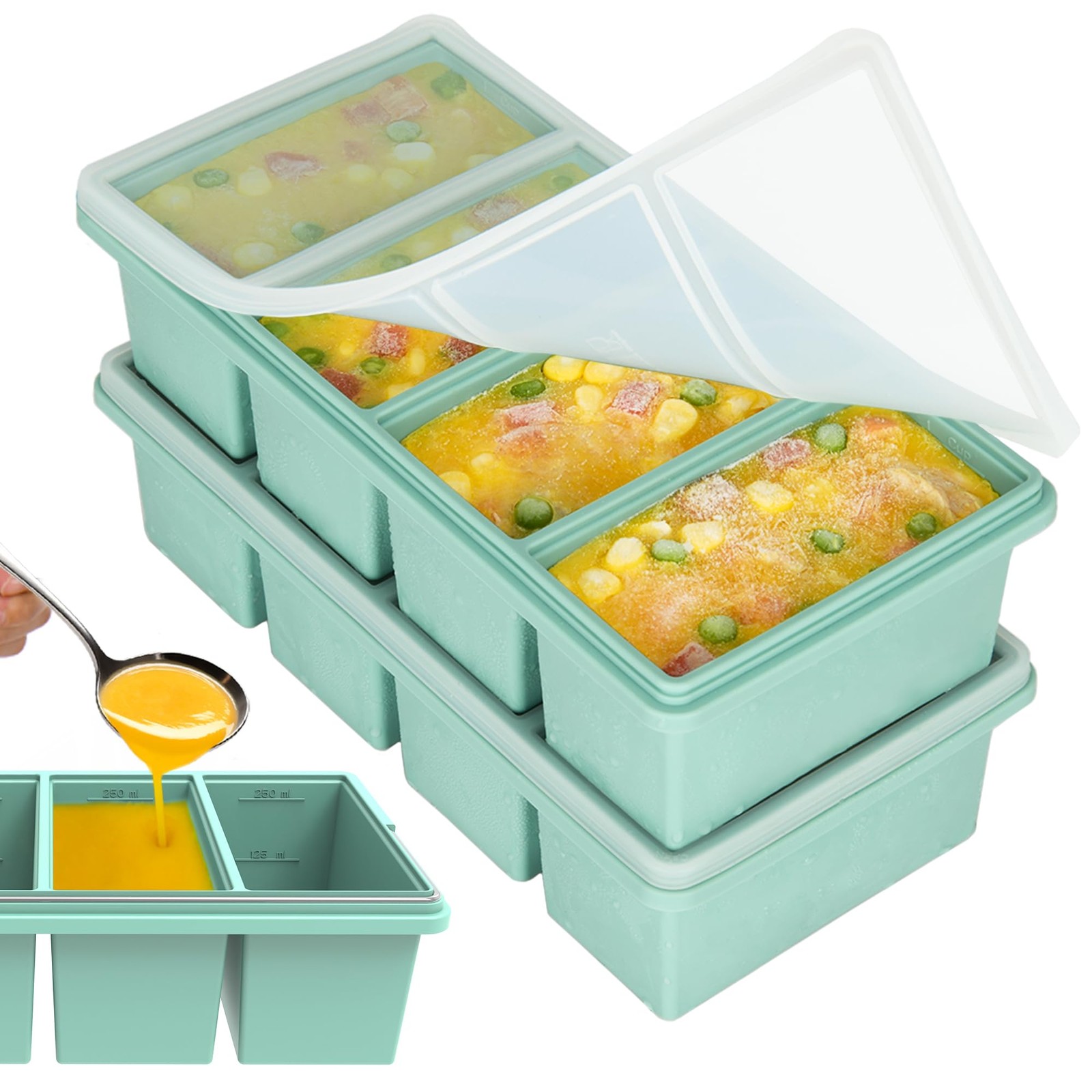 2 Pack Silicone Freezer Trays w/ Lids 1 Cup Soup Meal Prep Containers BPA