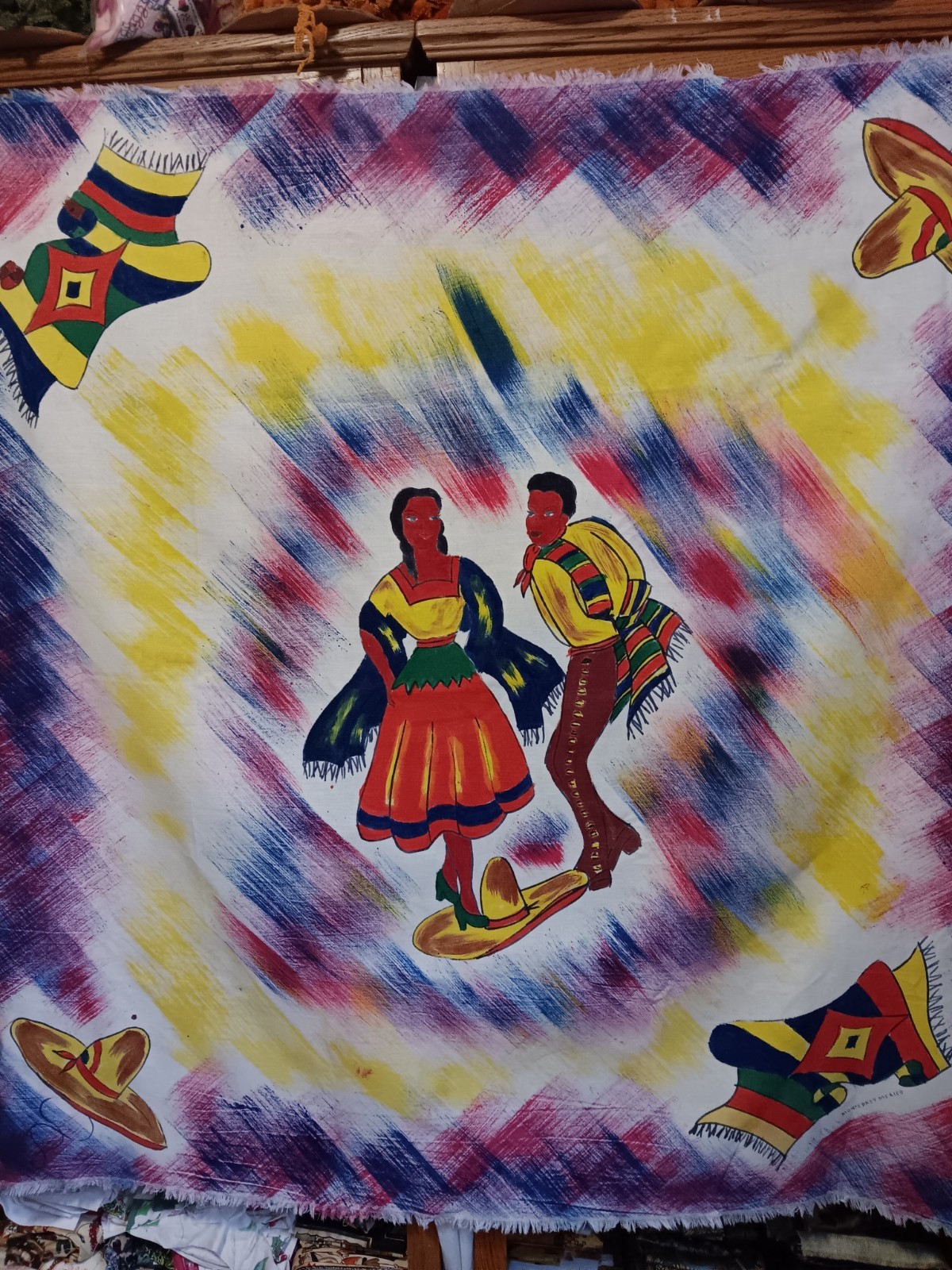 Rare Vintage Tablecloth wall hanging Mexican Hat dance Made in Monterrey Mexico Rare Vintage Tablecloth wall hanging Mexican Hat dance Made in Monterrey Mexico