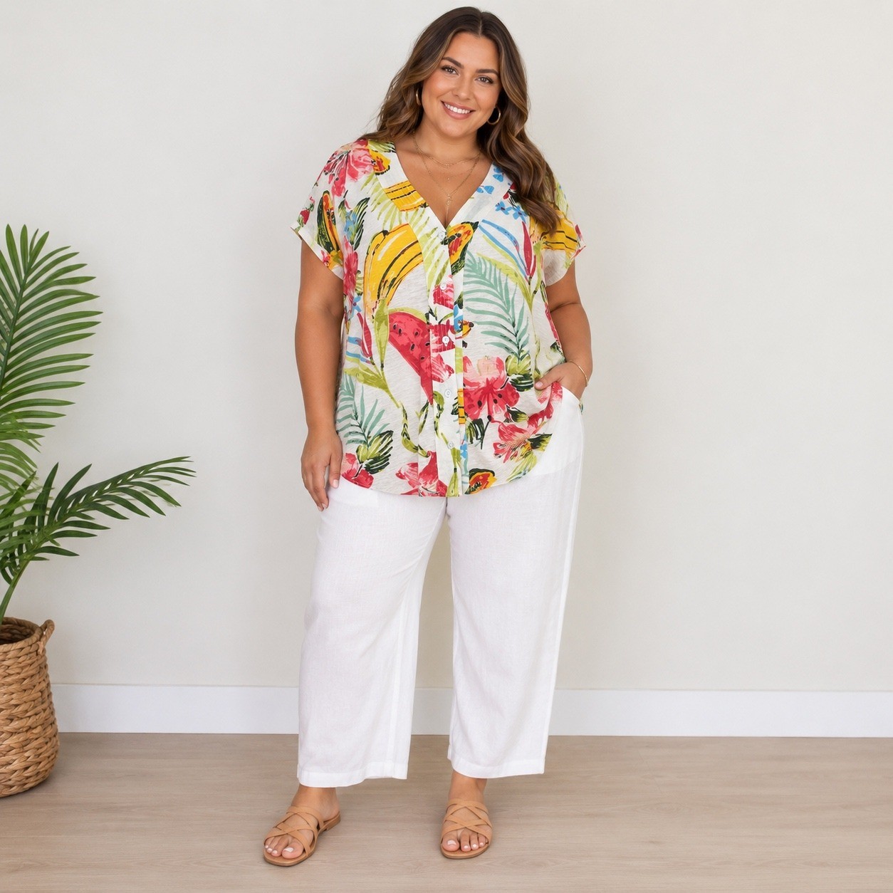 C&C California 1X Tropical Linen Lyocell Button Front Blouse Hawaiian Resort Top
