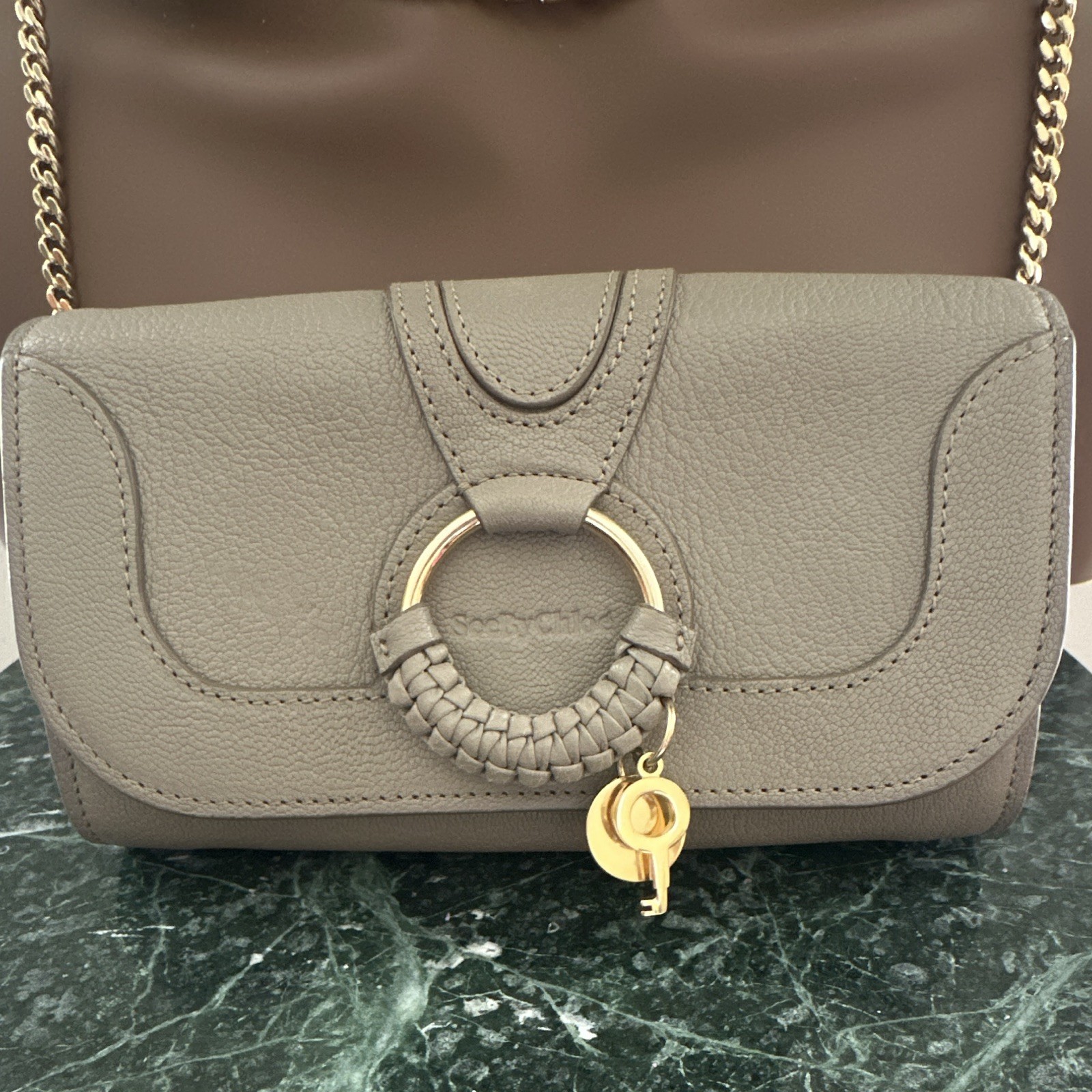 See By Chloé Gray Pebbled Flap Shoulder Bag Gold Chain Strap Bag Charm