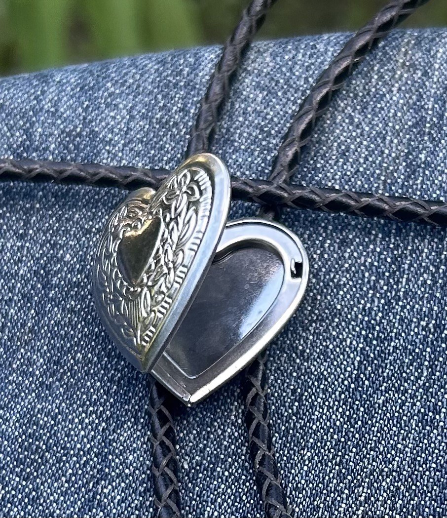 Vintage Western Style Silver Heart Locket, Black Leather Bolo Tie  