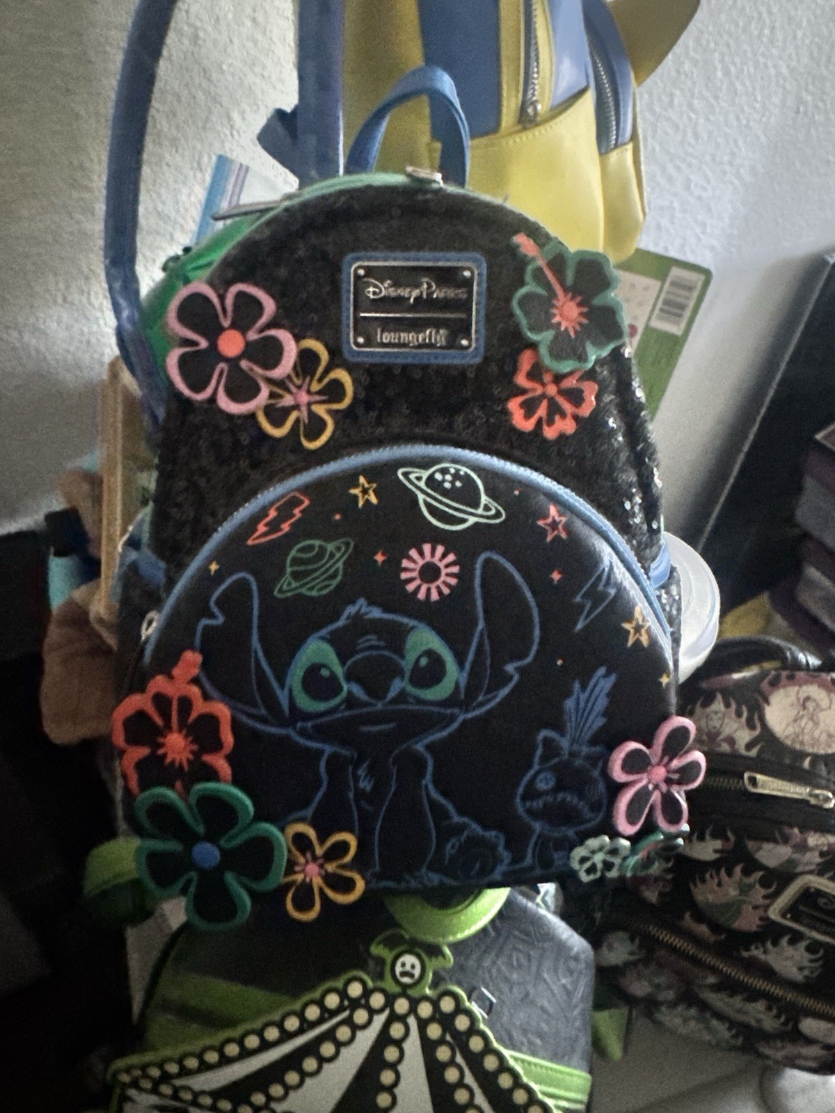 Loungefly Disney Lilo & Stitch Mini Backpack Black Sequin Neon Floral Accents Loungefly Disney Lilo & Stitch Mini Backpack Black Sequin Neon Floral Accents