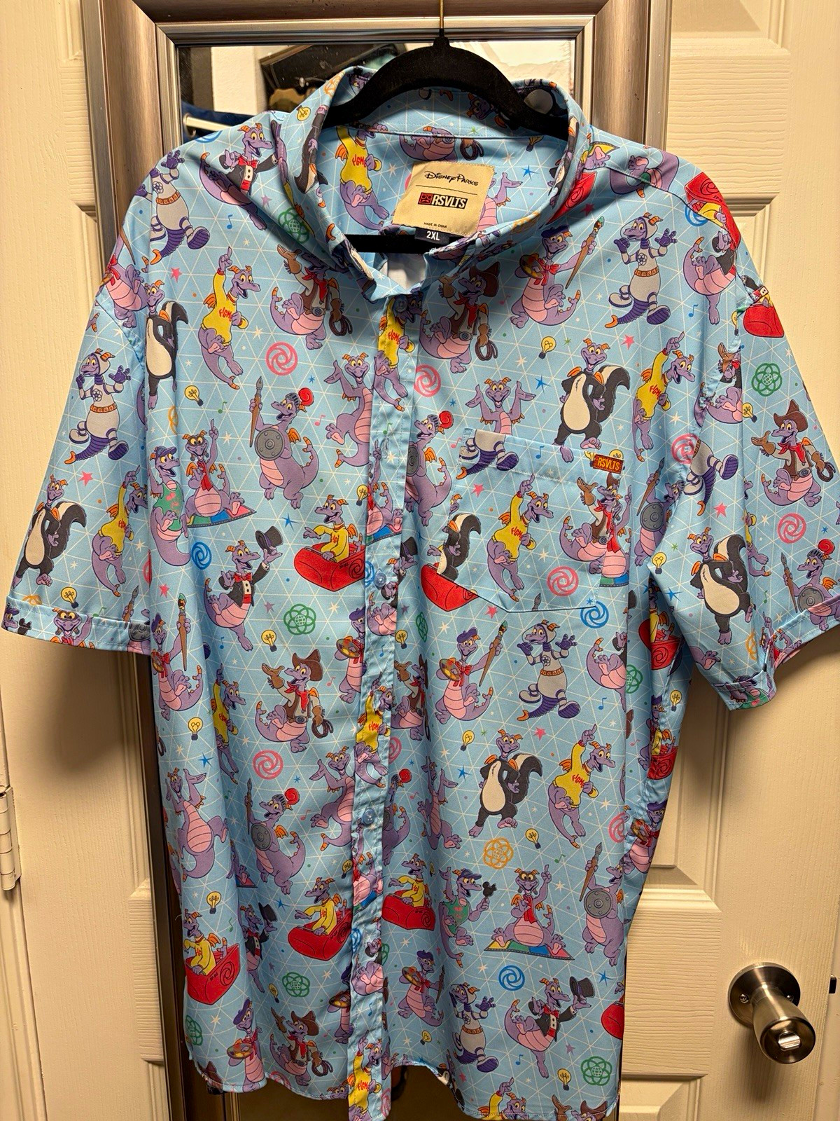 RSVLTS Disney Parks Figment Blue Graphic Print Short Sleeve Button-Up Shirt 2XL RSVLTS Disney Parks Figment Blue Graphic Print Short Sleeve Button-Up Shirt 2XL