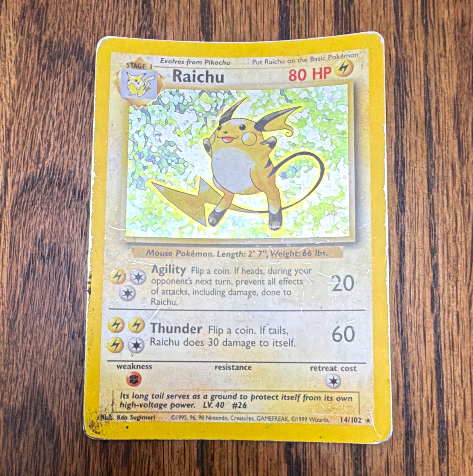 Wizards of the Coast Raichu 14/102 Base Set Holo Rare 80 HP English 1999 Wizards of the Coast Raichu 14/102 Base Set Holo Rare 80 HP English 1999