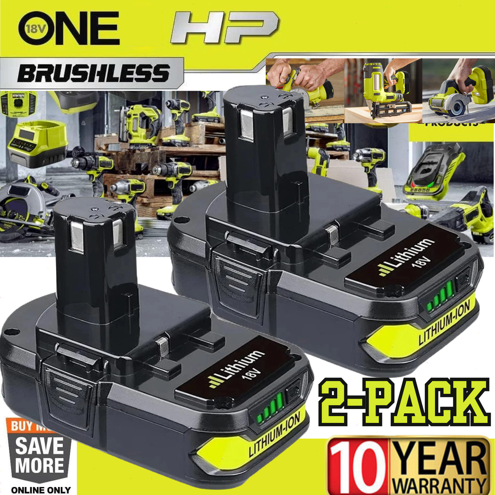 2PACK For RYOBI 18V 4.0Ah P108 High Capacity Battery 18Volt Lithium-Ion One Plus