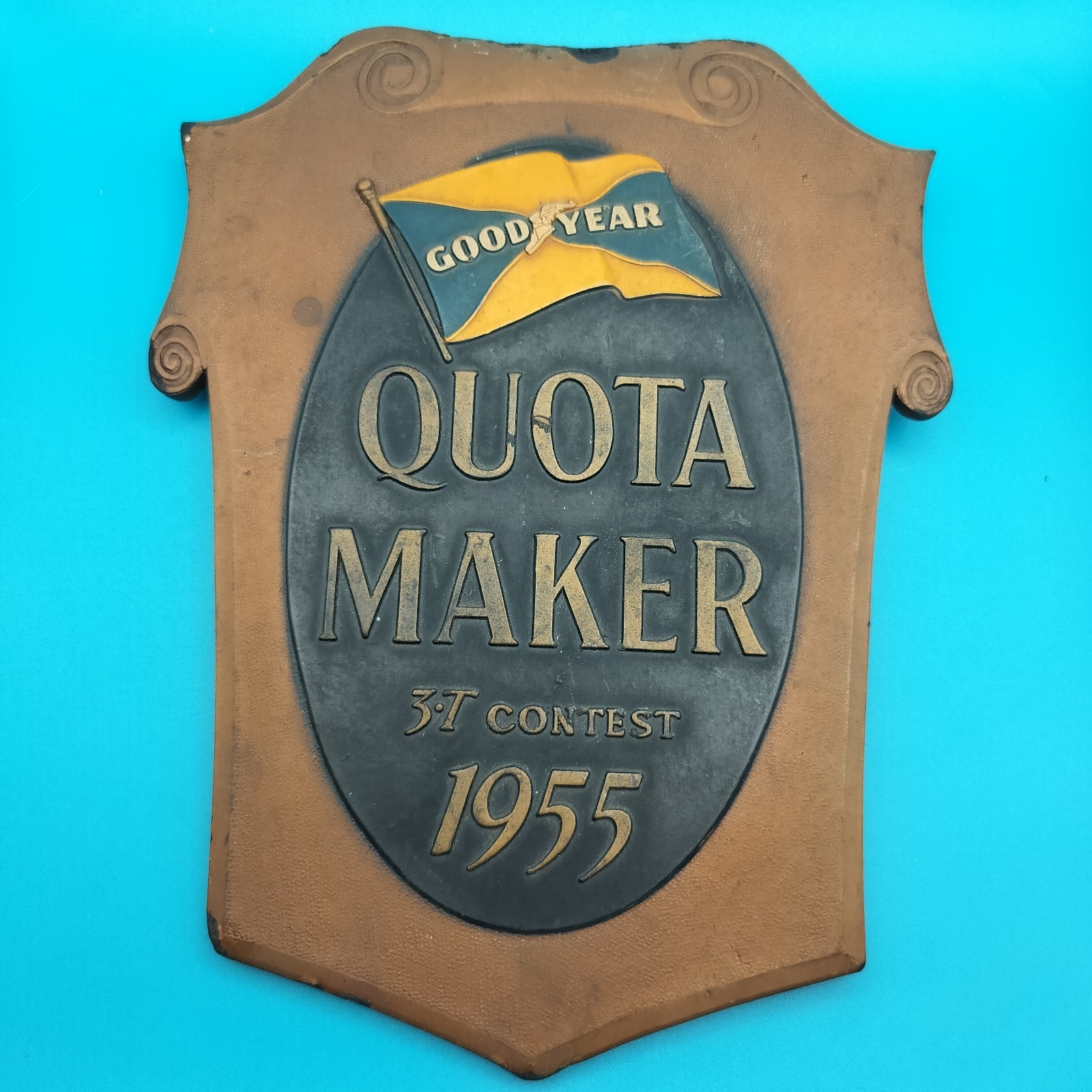 Vintage 1955 Goodyear Sales Quota Award Advertising Sign Plaque trophy antique Vintage 1955 Goodyear Sales Quota Award Advertising Sign Plaque trophy antique