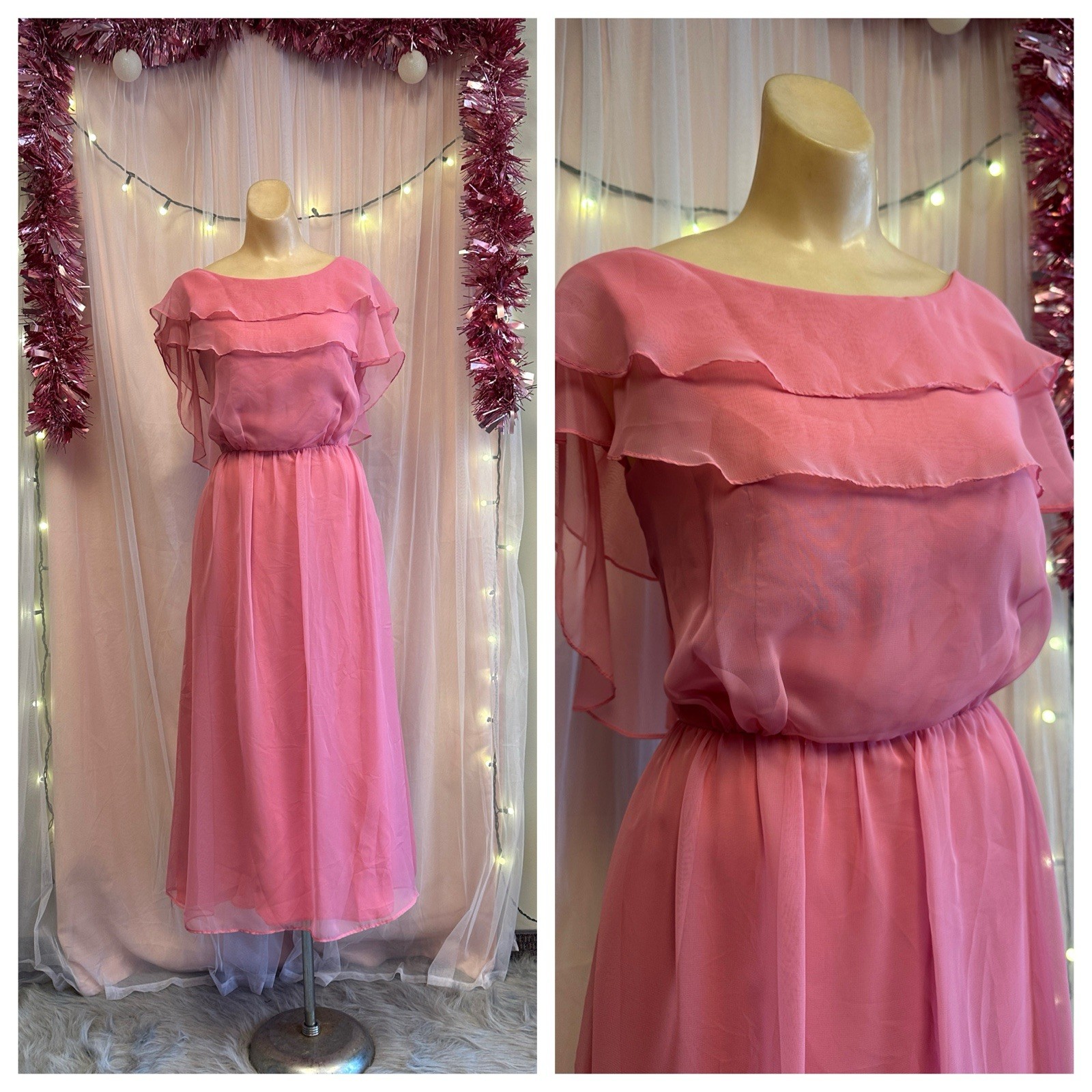 Vintage 70s 80s Pink Midi Party Formal Dress Boho Flowy Coquette Minimalist S