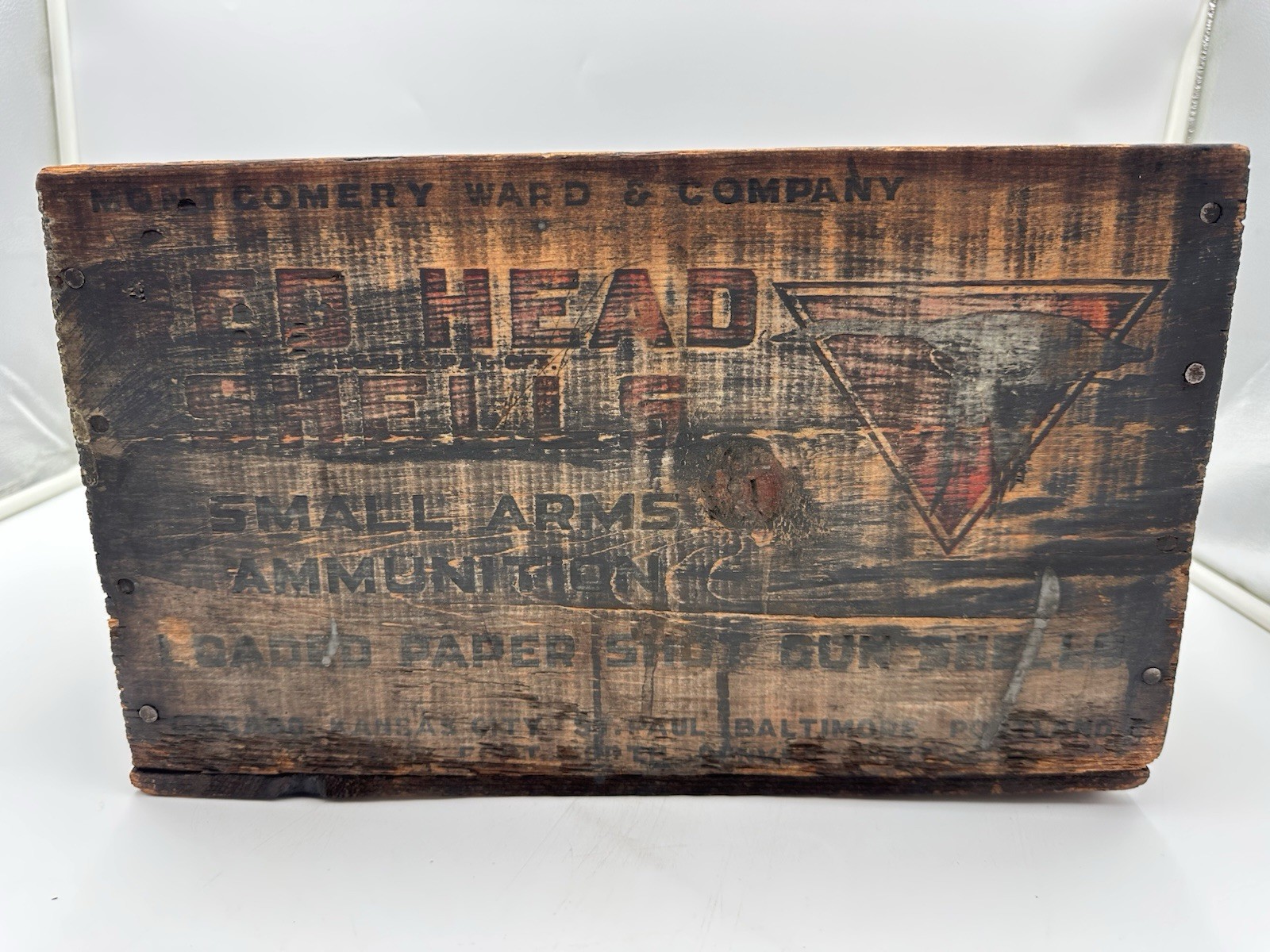 WARDS RED HEAD WOOD AMMO BOX AMMUNITION VINTAGE CRATE 12 GA ADVERTISING TRIANGLE