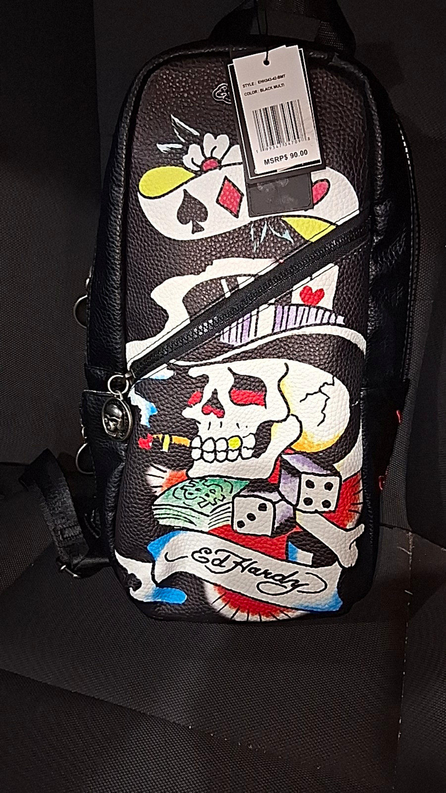 Ed Hardy Sling Bag Crossbody Strap Skull Tattoo Graphic Print Black Zip Pockets Ed Hardy Sling Bag Crossbody Strap Skull Tattoo Graphic Print Black Zip Pockets