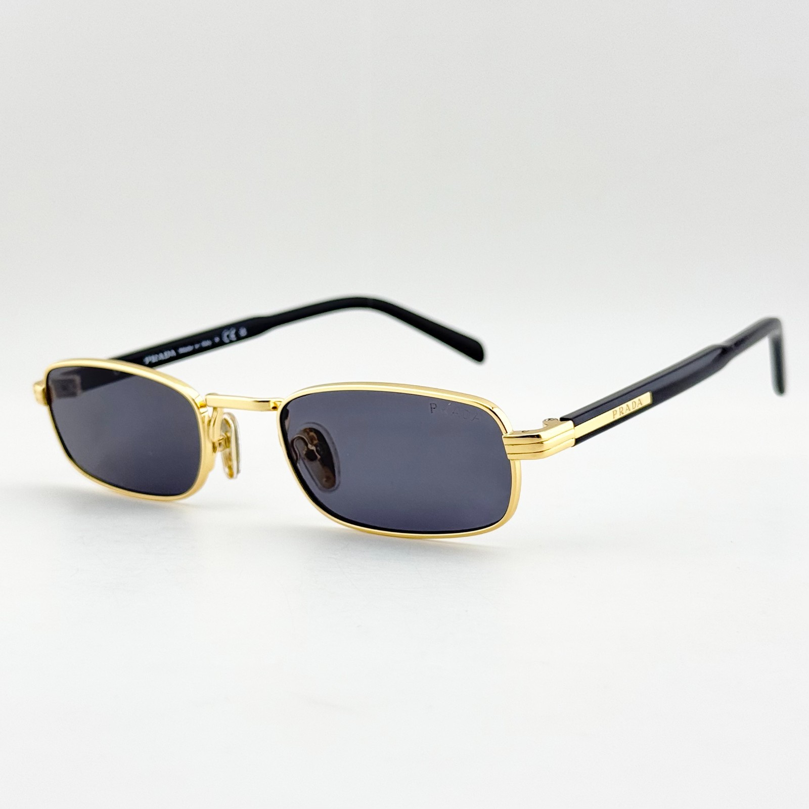 Prada PRB54S Men\'s Rectangle Sunglasses Gold Gray Lens Black Temples 54mm