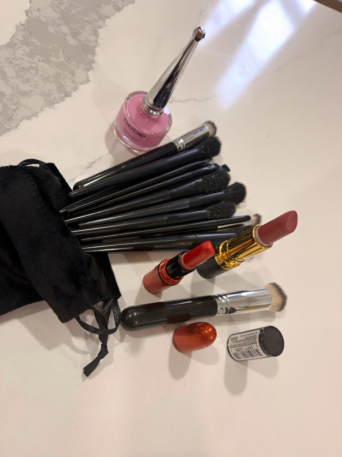 Assorted Full Size Makeup Mixed Lot: Brushes w/ Bag, 2 Lipsticks, Nail Lacquer Assorted Full Size Makeup Mixed Lot: Brushes w/ Bag, 2 Lipsticks, Nail Lacquer