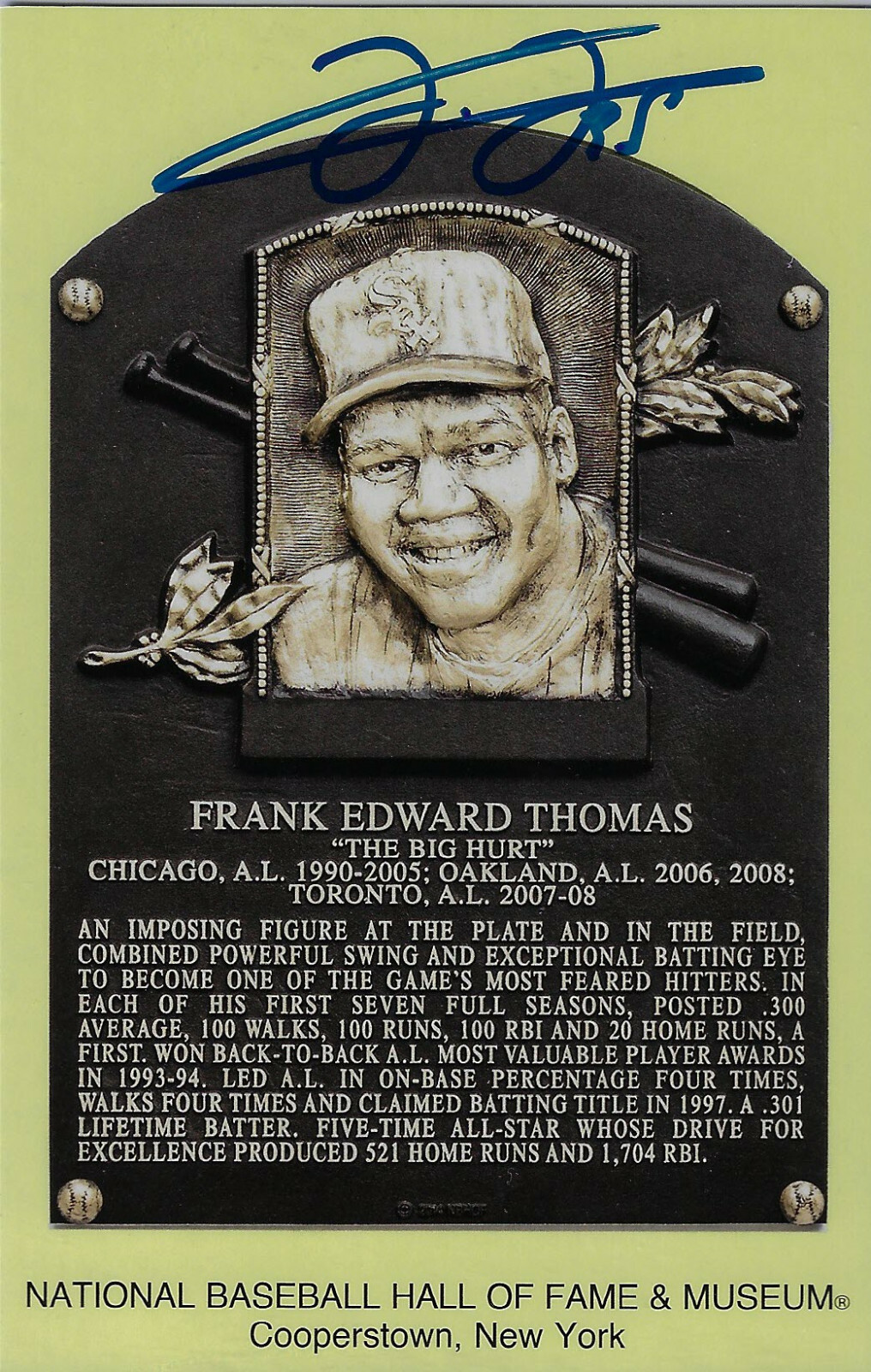 Frank Thomas Autographed HOF Yellow Card with Beckett Witnessed COA