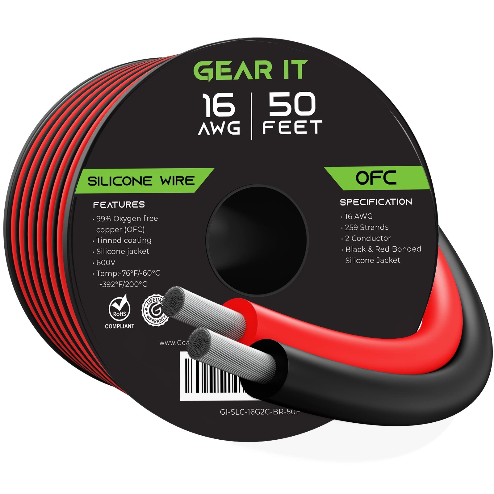 GEARit 16 AWG High Temp Silicone Wire 50 ft Black/Red 2 Conductor GEARit 16 AWG High Temp Silicone Wire 50 ft Black/Red 2 Conductor