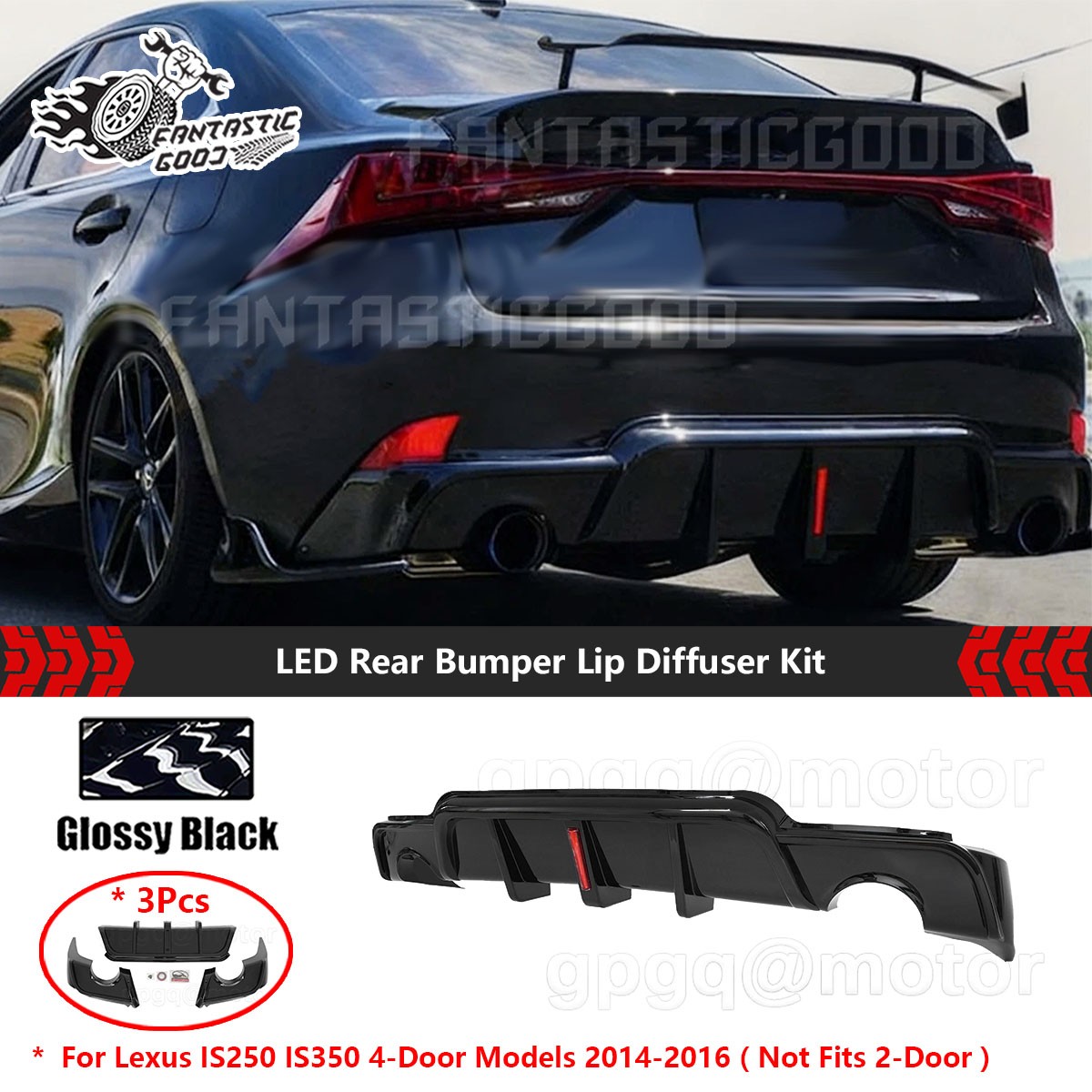 For Lexus IS250 IS350 Sedan 14-16 Glossy Black LED Rear Bumper Lip Diffuser Kit