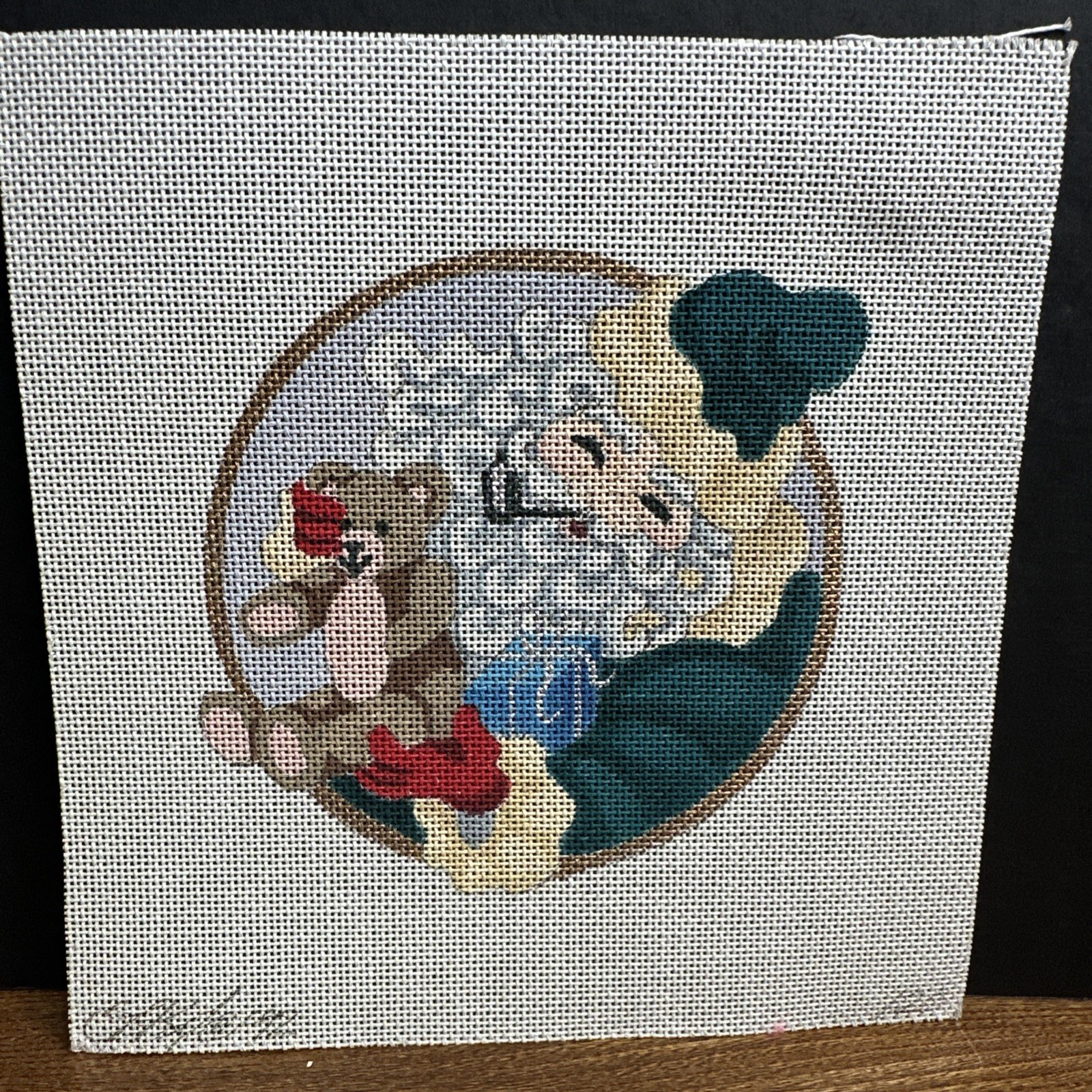 Vtg Hand-Painted Santa & Teddy Bear #120 Needlepoint Canvas 18 Mesh Unworked