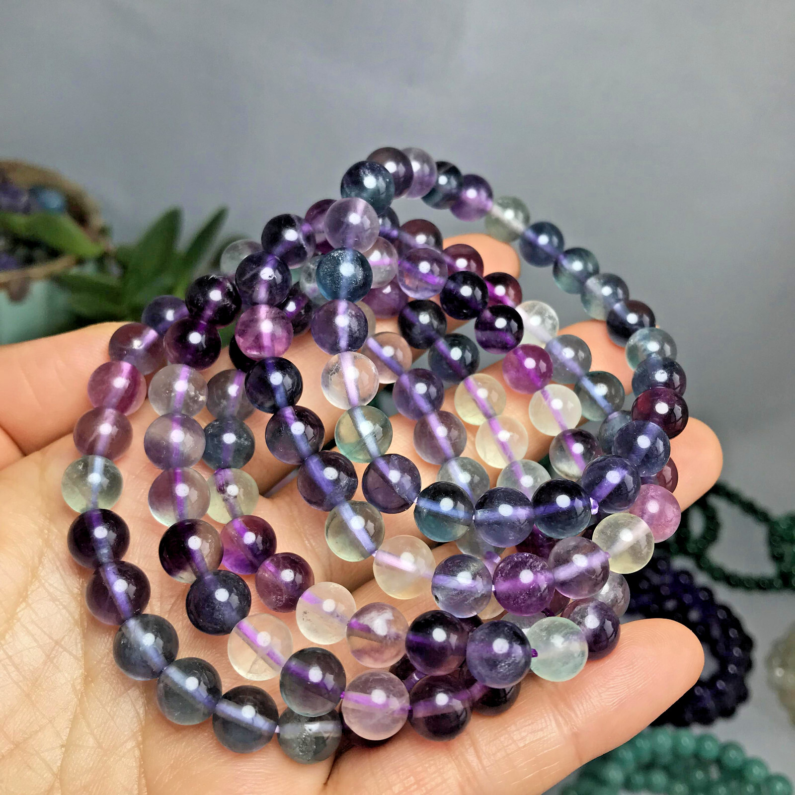 5pcs wholesale Natural Colored fluorite Quartz Crystal chain beads bracelet 8mm
