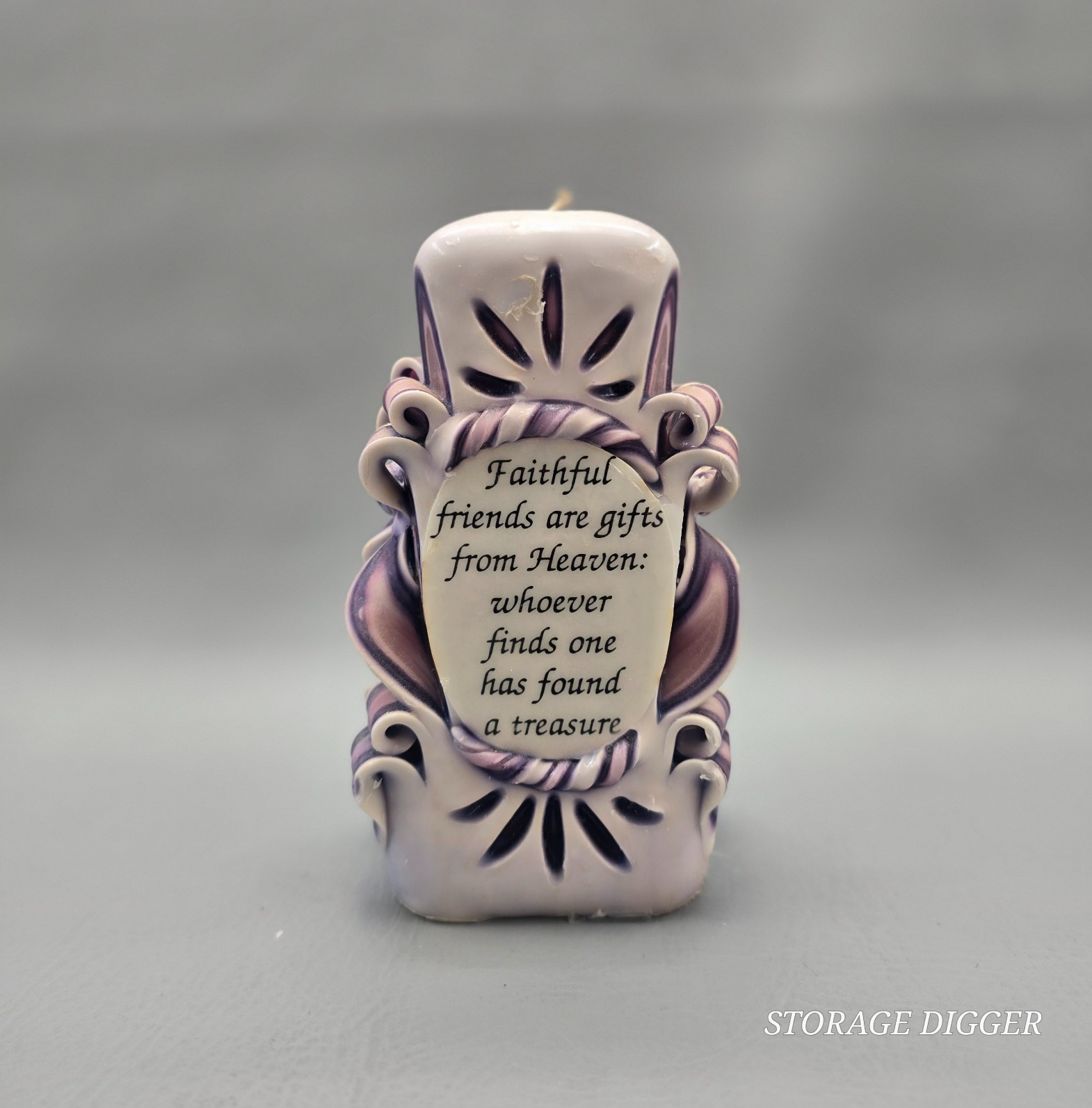 VTG Hand Carved Friendship Quote Candle Purple & White Decorative Home Décor