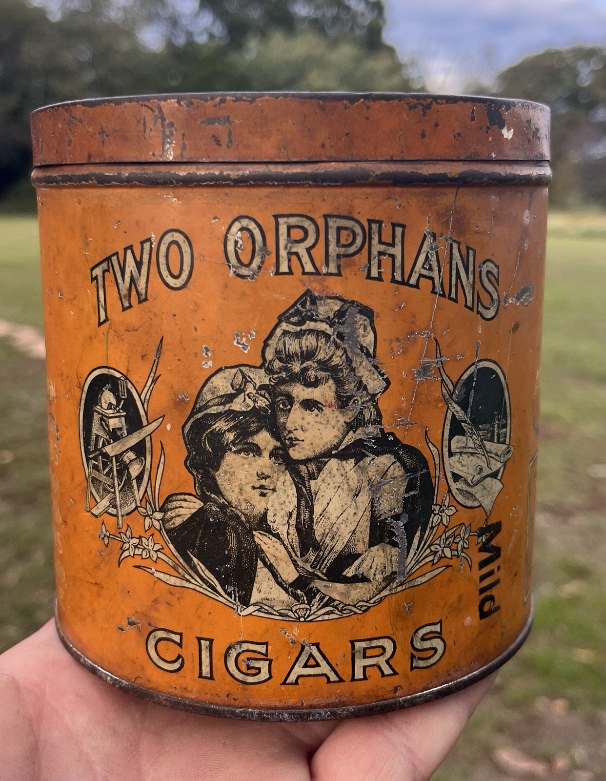 Antique Two Orphans Cigar Advertising Tin Antique Two Orphans Cigar Advertising Tin
