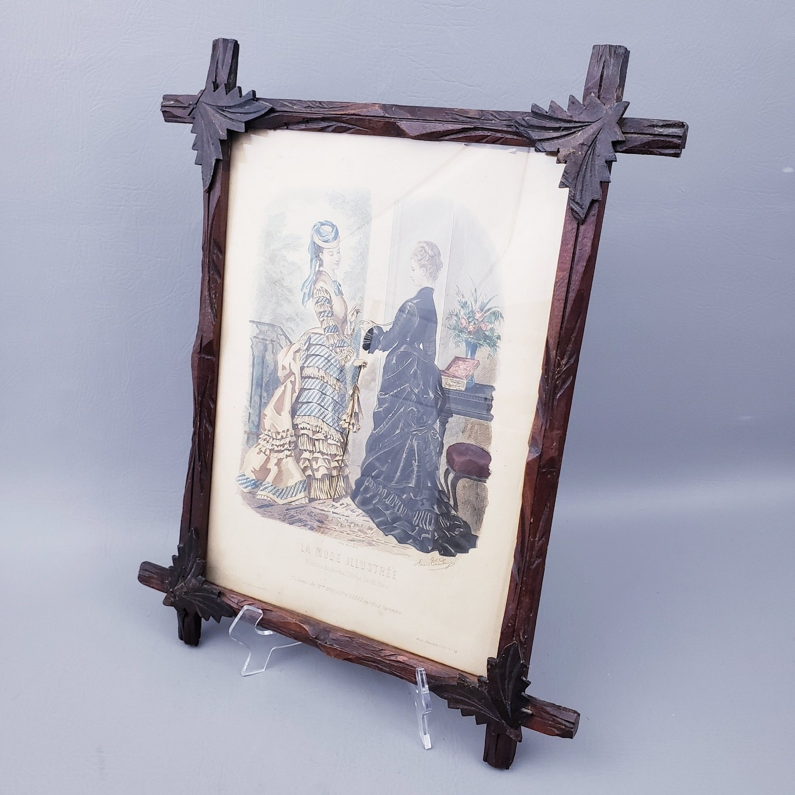 Antique French La Mode Illustrée Victorian Fashion Plate Engraving Print Framed
