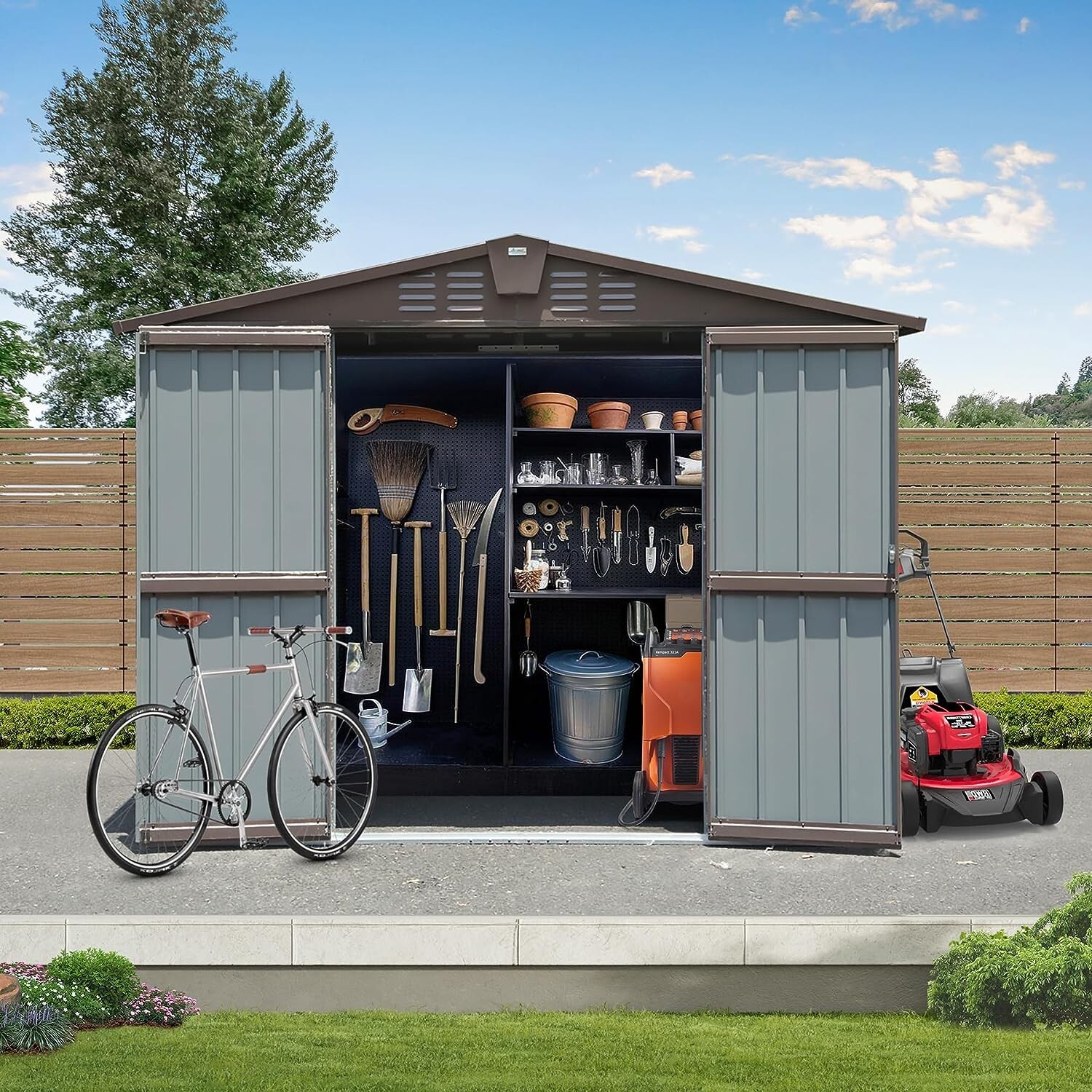 Domi Storage Shed 8.2'x6.2' Metal Shed for Backyard,Garden w/Lockable Door,Brown