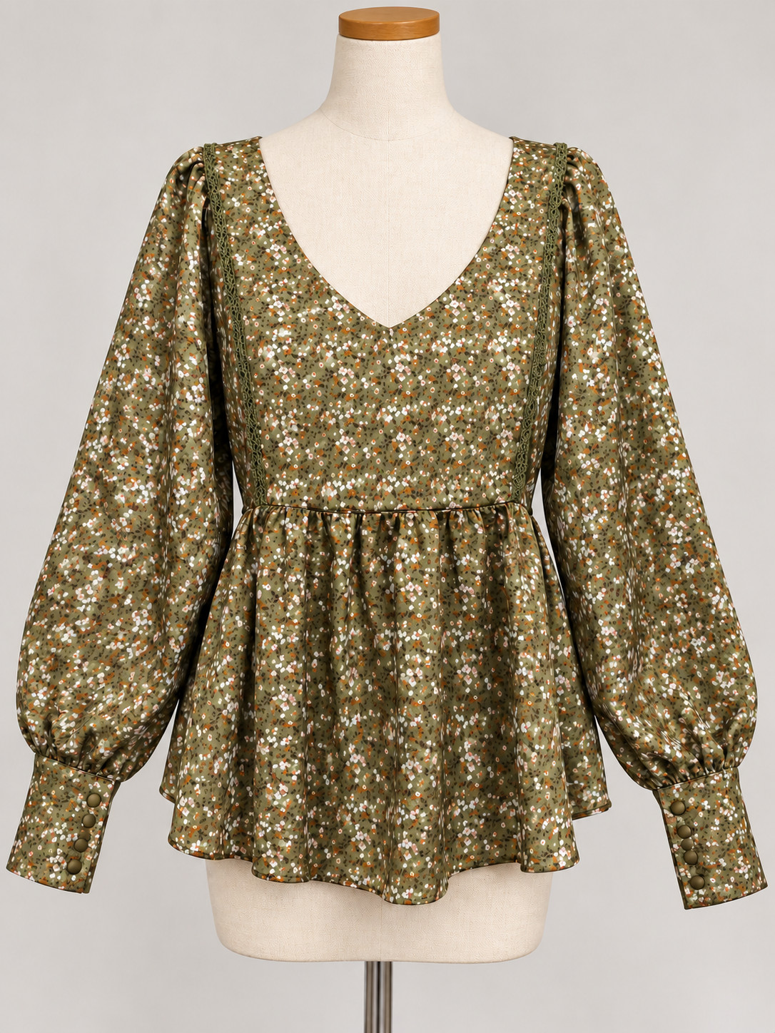 HEYSON NWT Olive Floral Peplum Blouse Lace Balloon Sleeve Top L