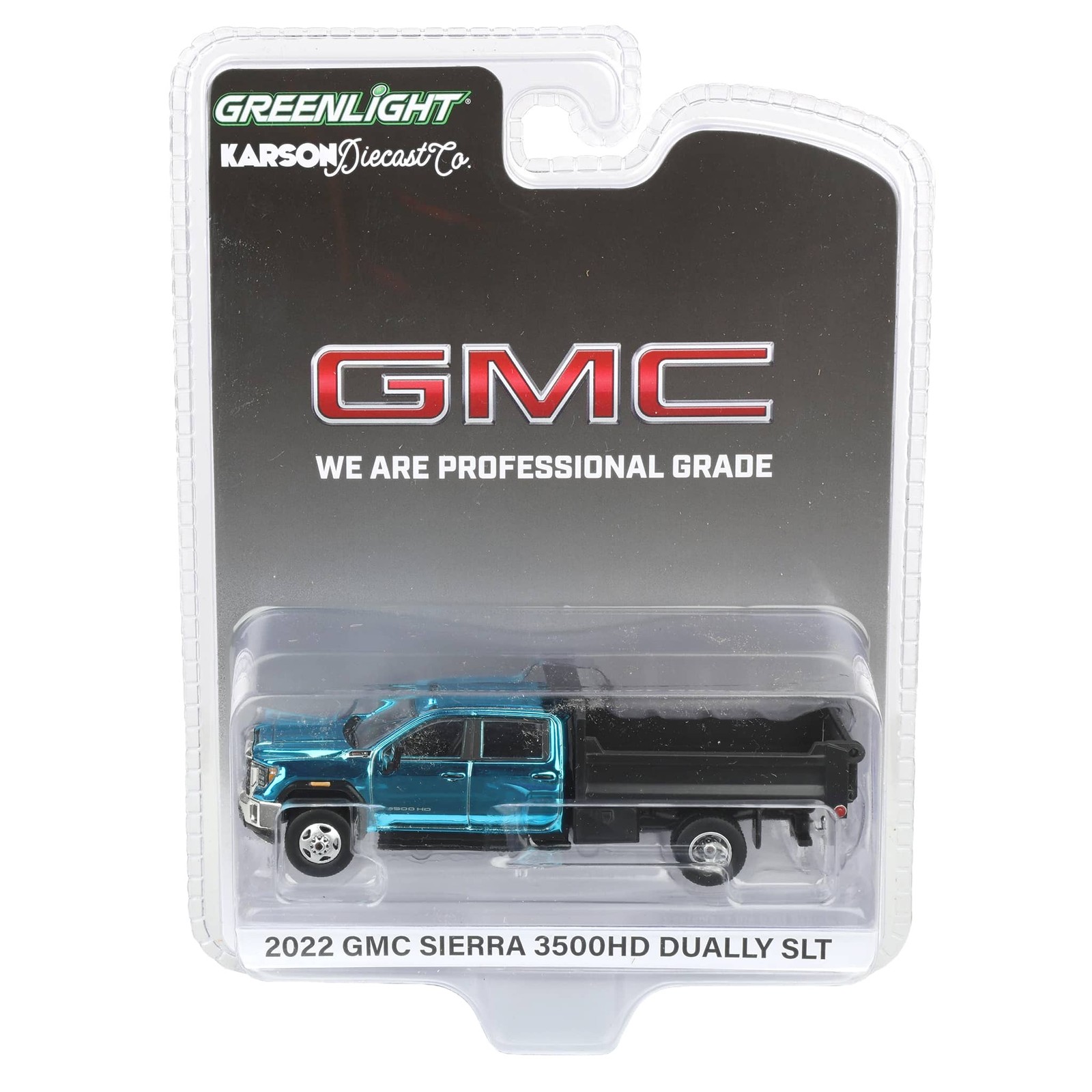 Blue Chrome Chase ~ 1/64 2022 GMC Sierra 3500HD with Dump Bed Greenlight 51563-A