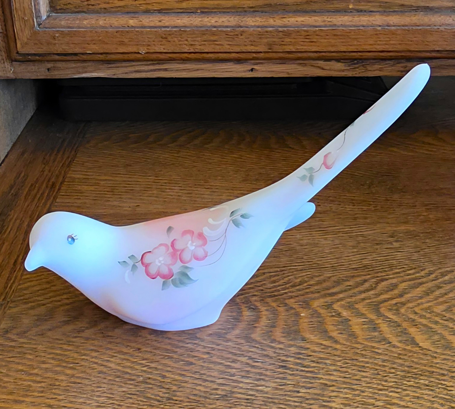 Fenton Hand-painted Satin Rosalene Floral Bird of Happiness - Artist Signed Fenton Hand-painted Satin Rosalene Floral Bird of Happiness - Artist Signed
