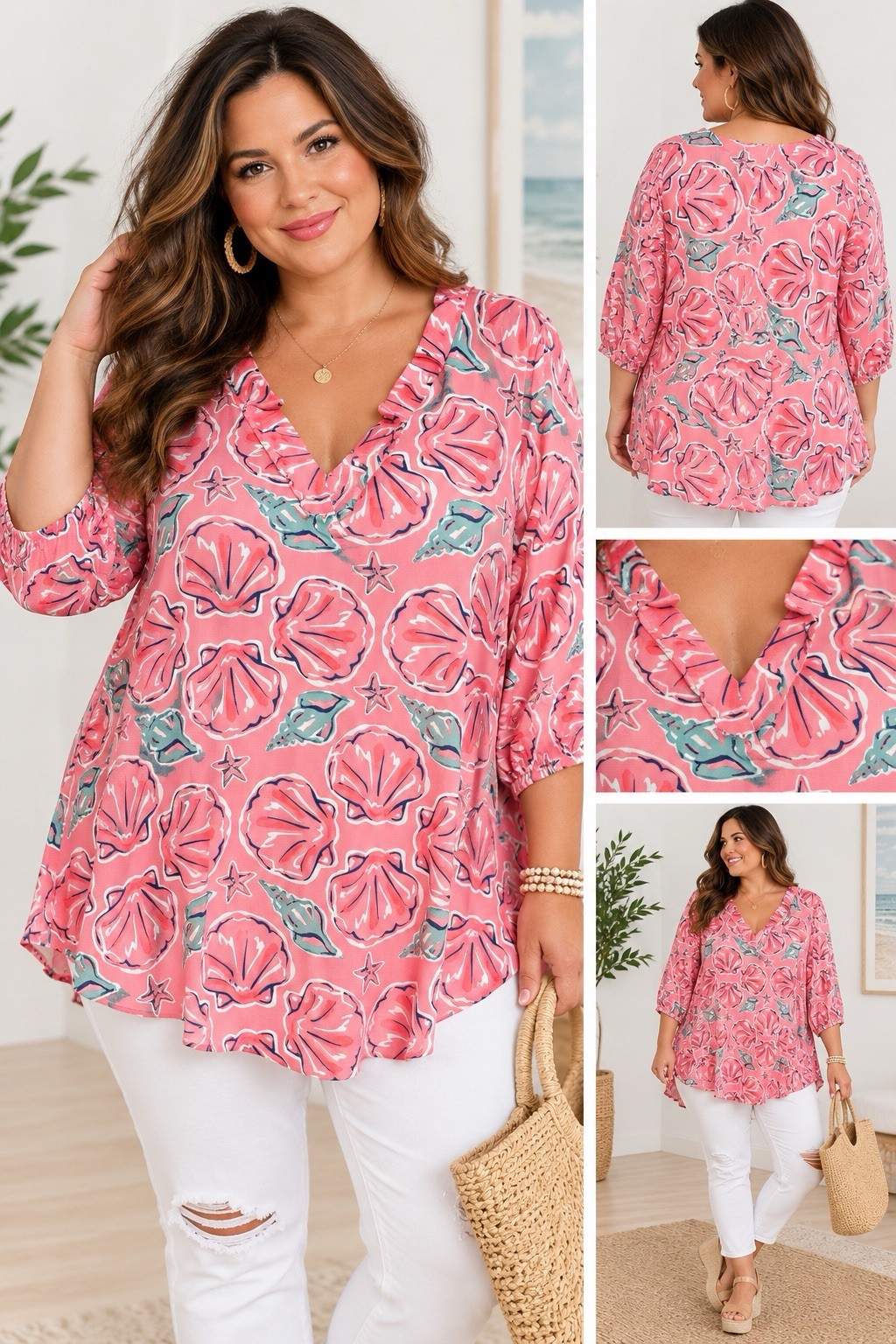 Simply Southern Wilmington Pink Seashell Coastal Tunic Top XL NWT Resort Wear